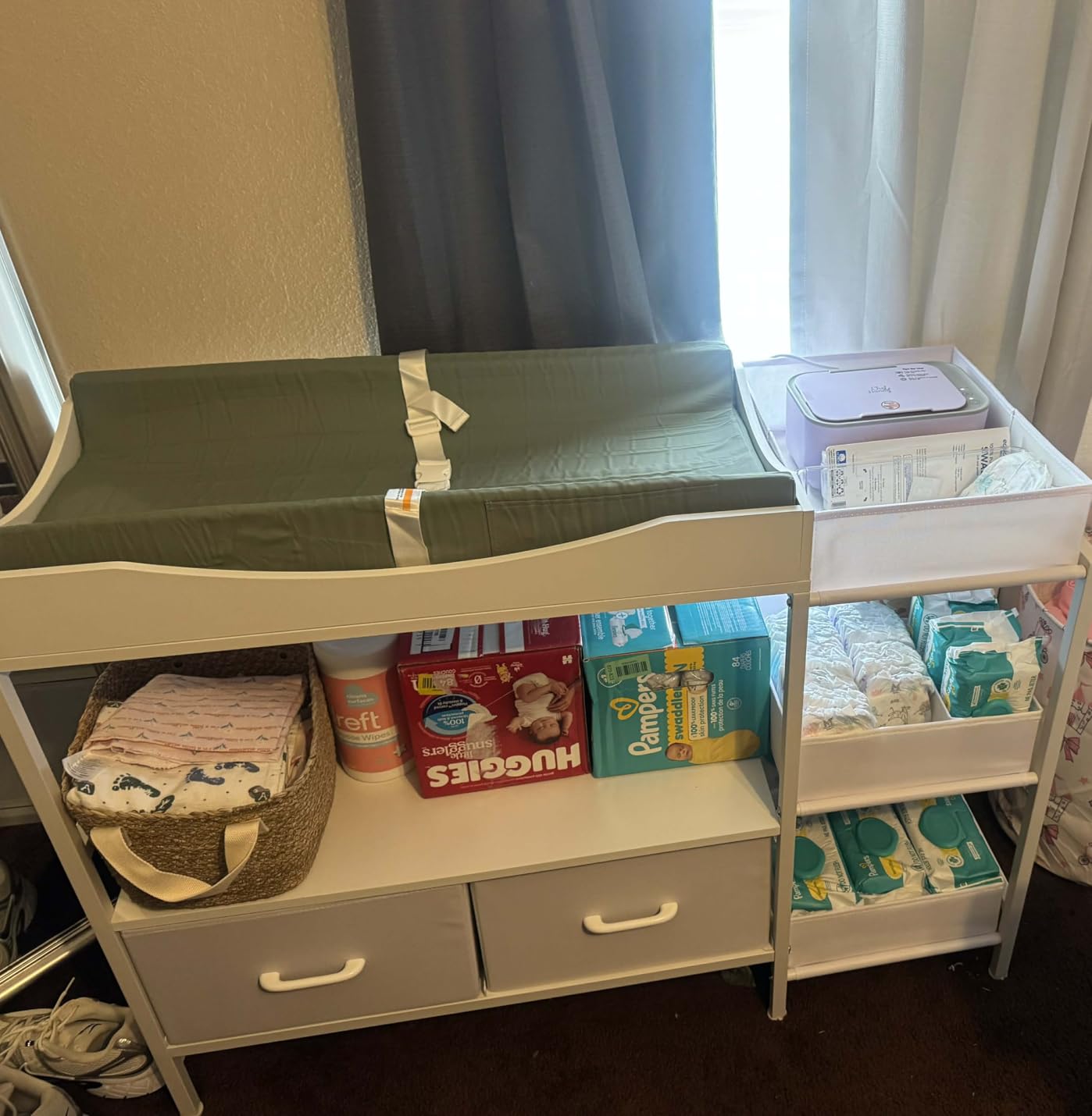 Baby Changing Table with Storage, Heavy-Duty Diaper Changing Station, White Nursery Dresser Organizer with 2 Large Fabric Baby Drawers, 3 Diaper Caddy Bin & Wood Shelf, Kids & Baby Bedroom Furniture customer photo 1