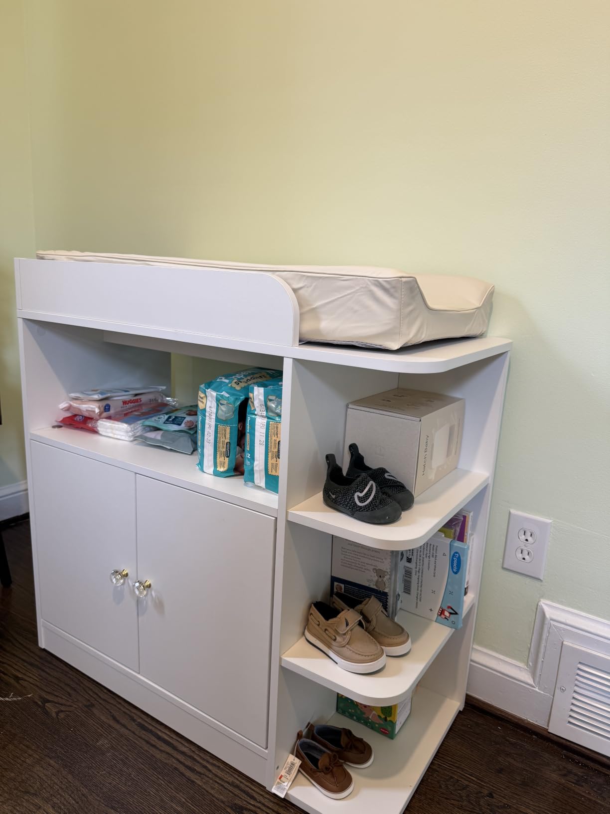 Wanan Changing Table Dresser with Large Cabinet for Nursery, Wood, White | Safety-tested, ergonomic, 4 open shelves, anti-tip, easy-clean, crystal knobs, sturdy wood, heavy-duty, versatile & durable customer photo 1