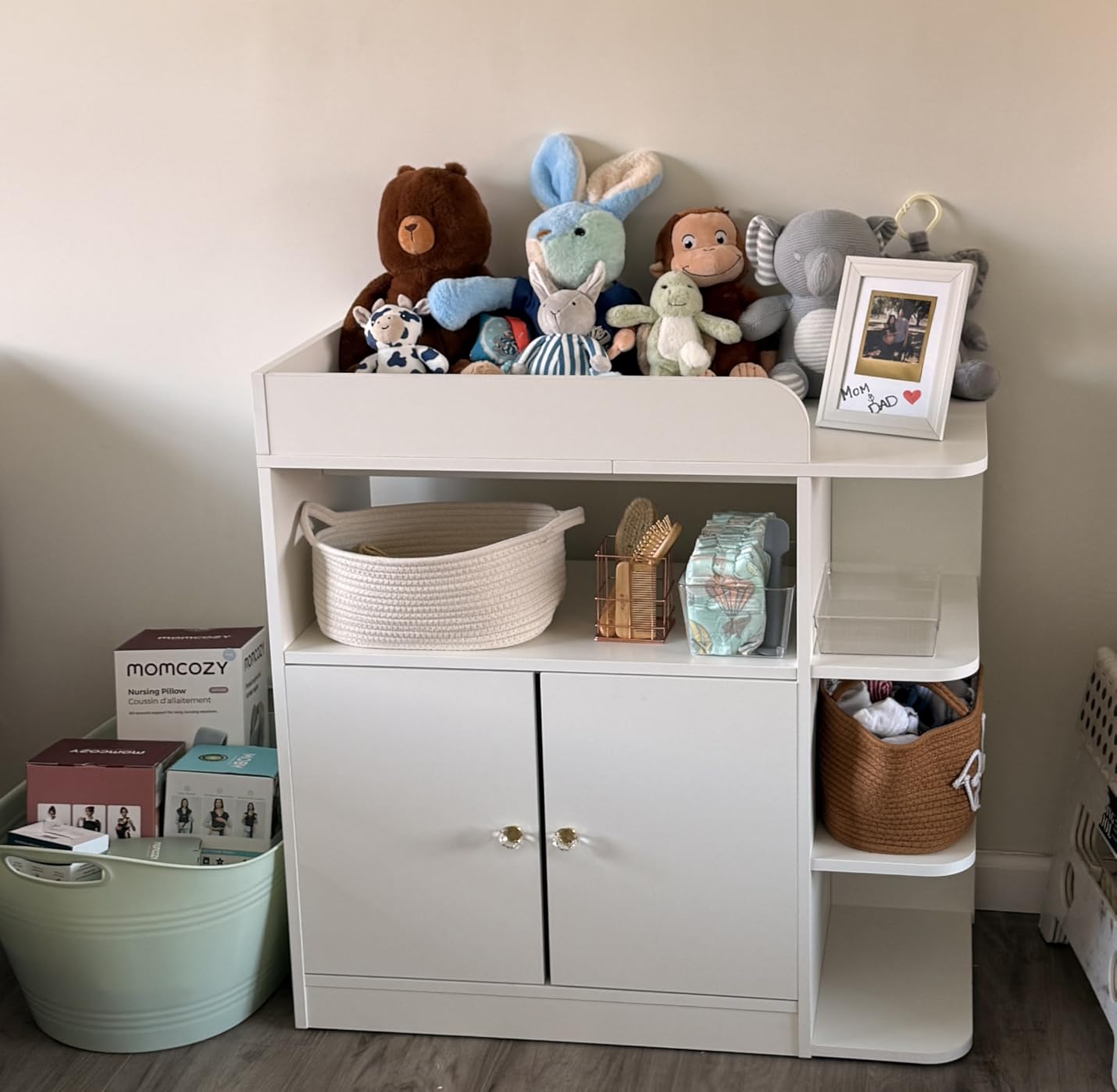 Wanan Changing Table Dresser with Large Cabinet for Nursery, Wood, White | Safety-tested, ergonomic, 4 open shelves, anti-tip, easy-clean, crystal knobs, sturdy wood, heavy-duty, versatile & durable customer photo 2