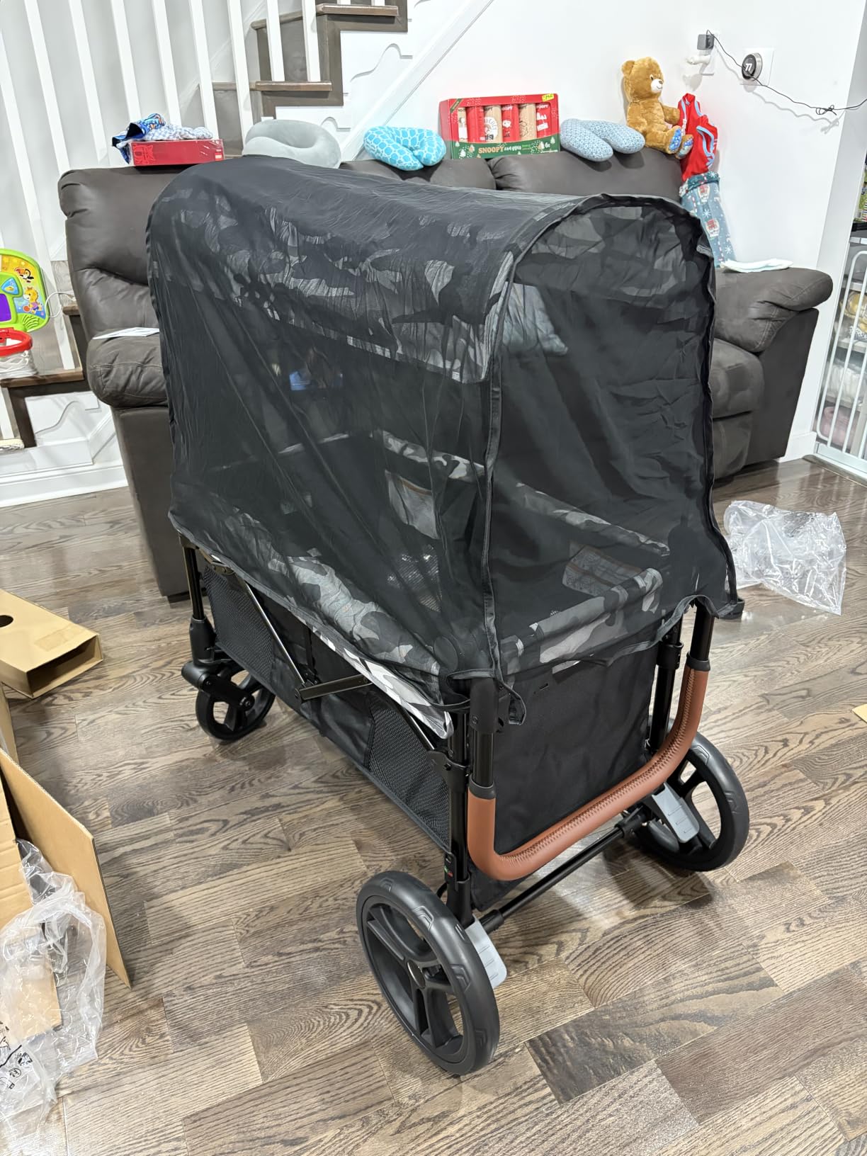 ELEMARA All-Terrain Stroller Wagon for 2 Kids, Foldable Kids Wagon Stroller Includes Removable Canopy,Mosquito net, Adjustable Push&Pull Handle,Snack Tray & Cup Holders, Storage Basket, Grey+Black customer photo 2