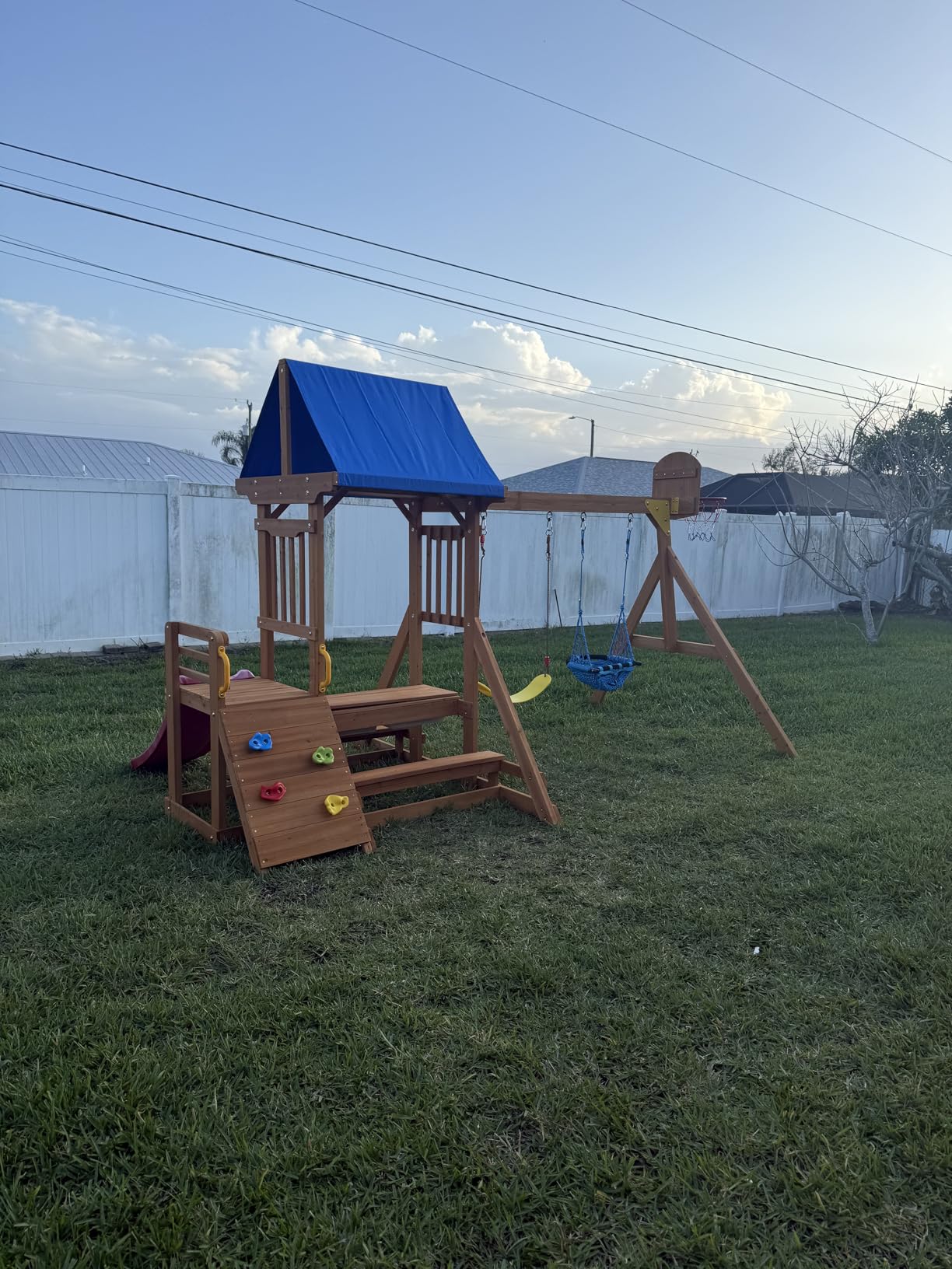 SUNIBOXI Wooden Swing Sets for Backyard, for Ages 3-10 | Kids Outdoor Playground Set, Picnic Table with Canopy, Monkey Bars, Robe Ladder, Cargo Net, Slide, Swings, Drawing Boards customer photo 2