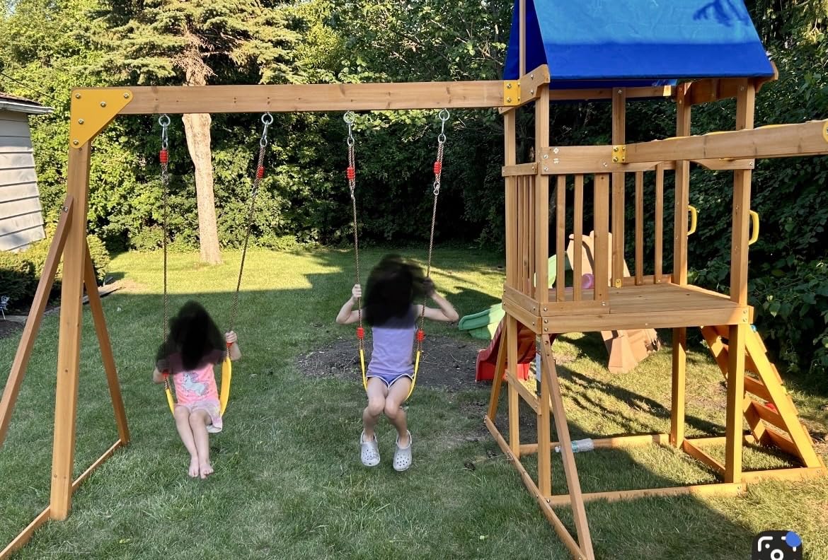 SUNIBOXI Wooden Swing Sets for Backyard, for Ages 3-6 | Kids Outdoor Playground Set with Monkey Bars, Wave Slide, 2 Belt Swings, Climbing Ladder, Rock Wall, Play Deck with Canopy customer photo 1