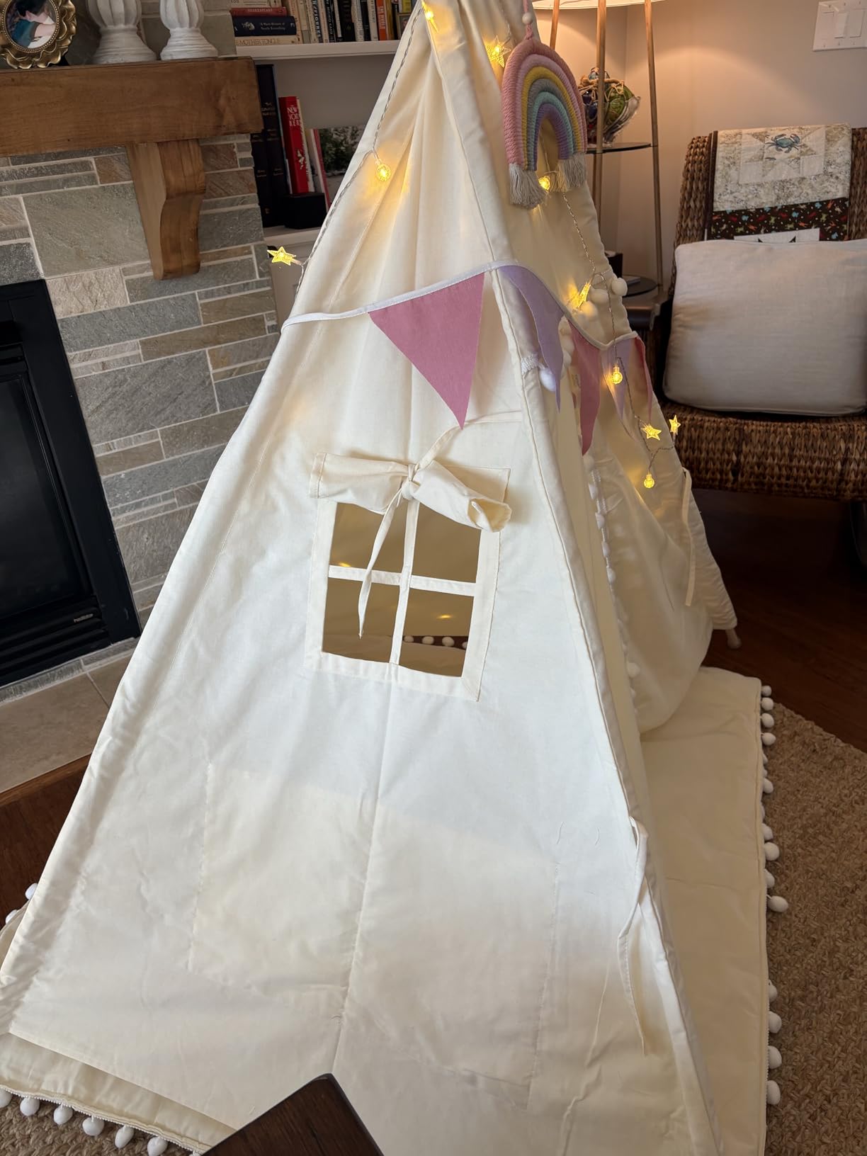 HalloDeer Teepee Tent for Kids with Padded Mat & Star Lights, Cotton Canvas Foldable Kids Teepee Indoor Outdoor, Toddler Play Tent for Boys Girls, Kids Tents for Inside Playhouse customer photo 2
