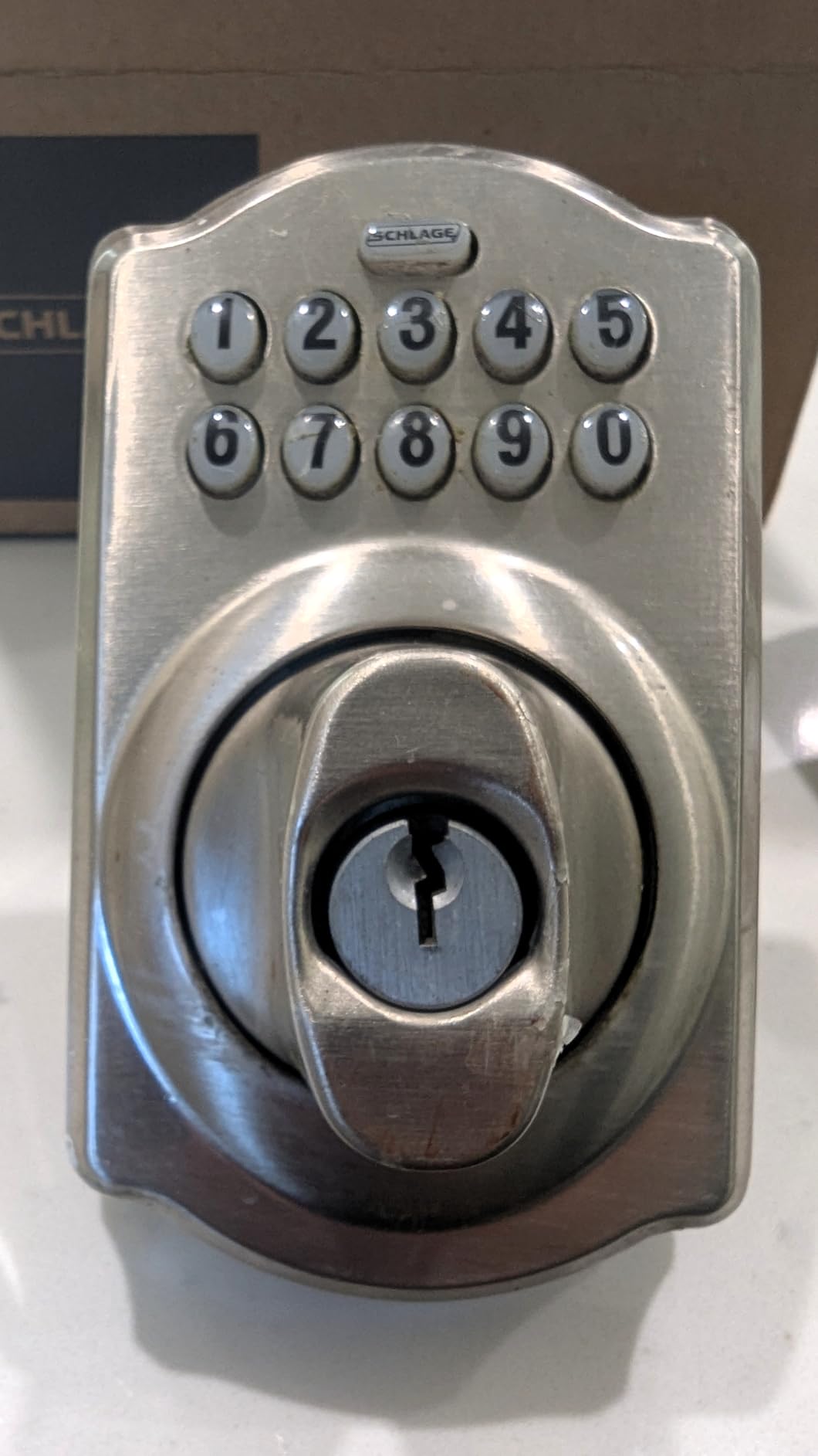 Schlage Electronic Keypad Deadbolt Lock, Camelot Trim, Satin Nickel customer photo 2
