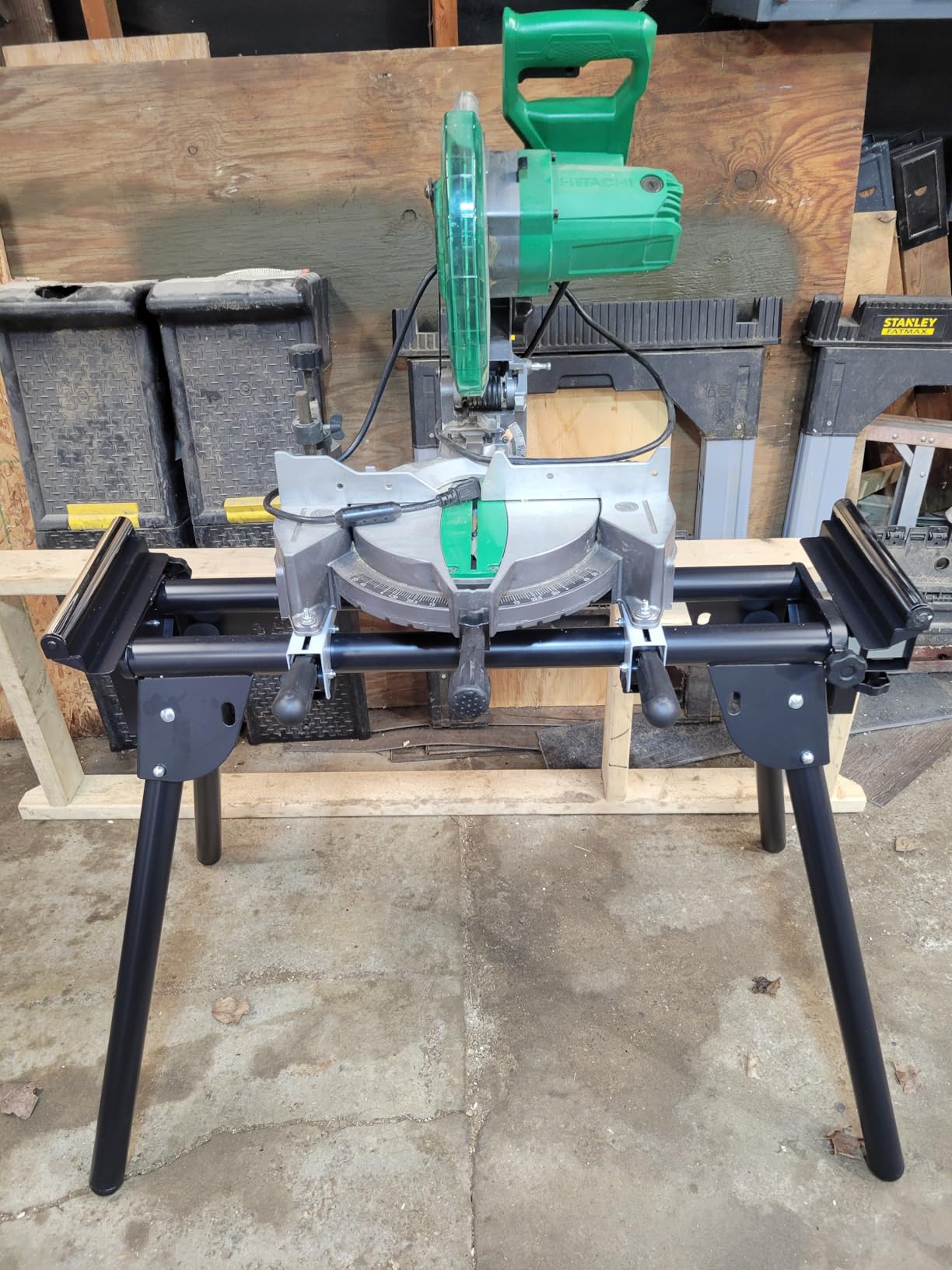 Evolution Power Tools EVOMS1 Miter Saw Stand Compact & Folding, Universal Fits Most Brands, Quick Release Mounting Brackets, Rollers, End Stops for Repeat Cutting , Black customer photo 1