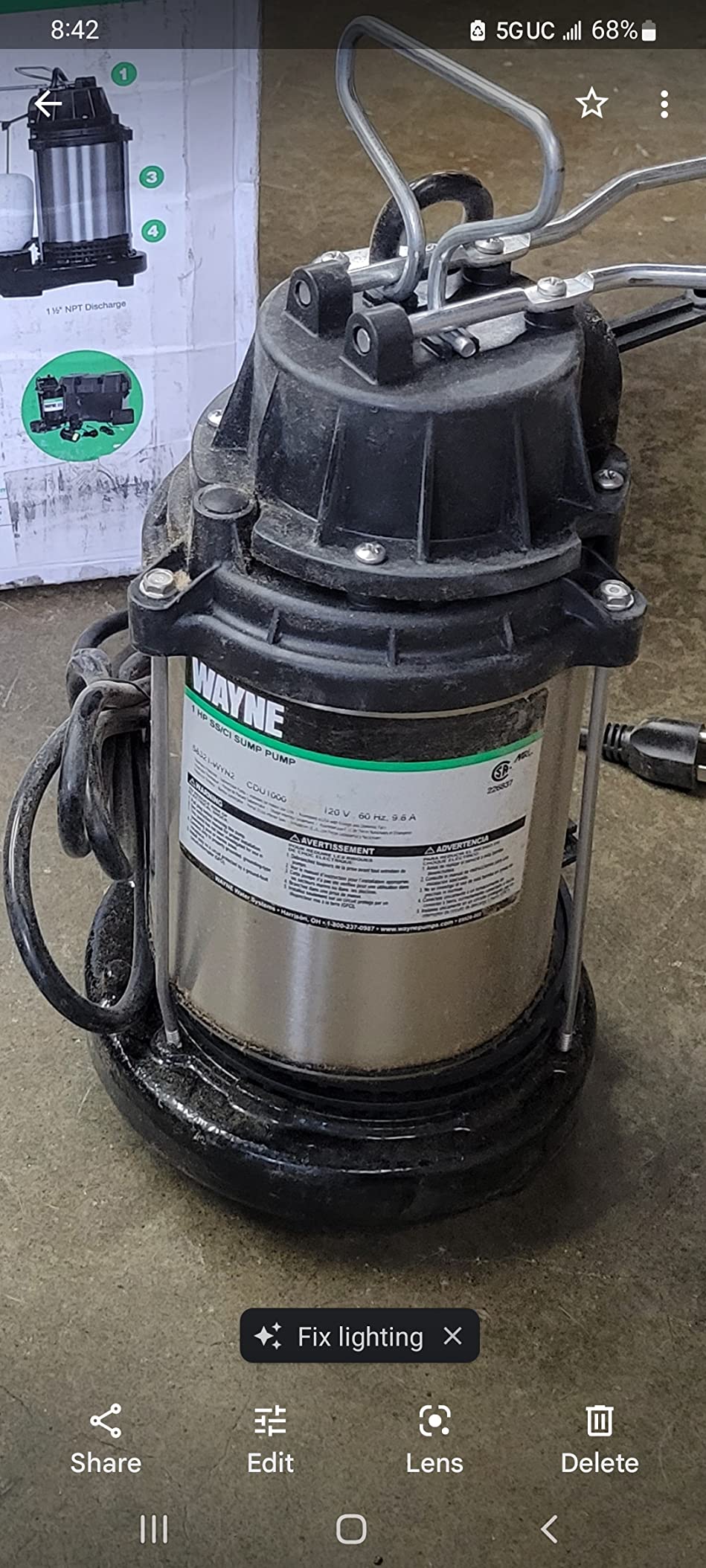 WAYNE CDU1000 1 HP Submersible Sump Pump – Cast Iron & Stainless Steel, Integrated Vertical Float Switch, 6,100 GPH, 5-Year Warranty, Assembled in USA customer photo 1