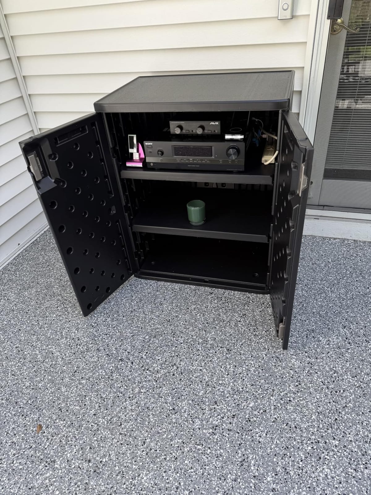 Suncast 9 Cu Ft Base Storage Cabinet, Lockable 2-Shelf Organizer, Platinum customer photo 1