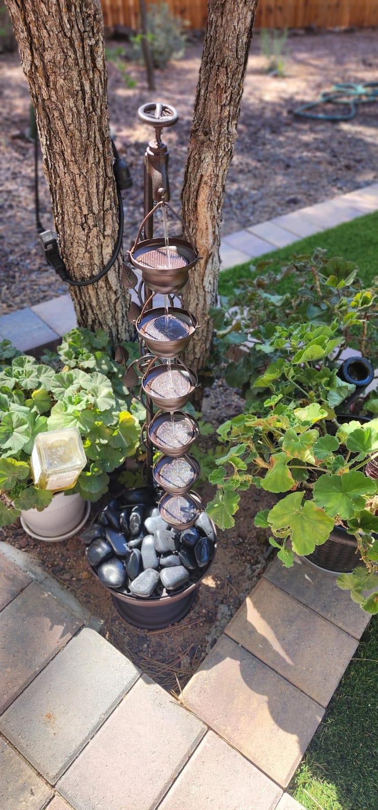 Alpine Corporation MAZ254 Outdoor Floor Tiered Vintage Water Fountain w/ 6 Hanging Cups, Soothing Tier Waterfall, 38