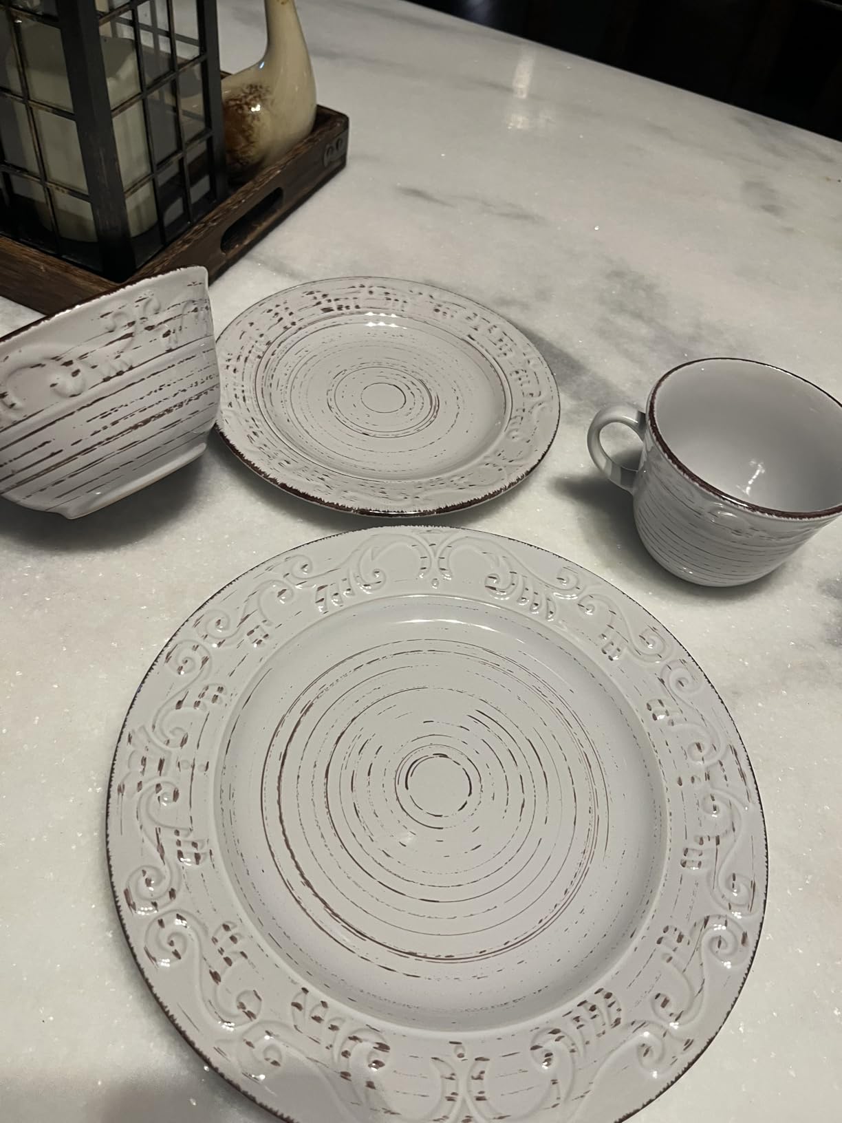 Pfaltzgraff Trellis White 16-Piece Stoneware Dinnerware Set, Service for 4, Distressed White Finish, Microwave & Dishwasher Safe Plates and Bowls customer photo 2