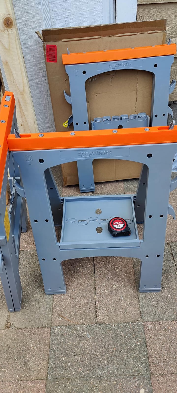 Amazon Basics Rectangular Folding Sawhorse, Collapsible, Folds Flat, 900 Pound Capacity, Set of 2, Orange and Grey customer photo 2