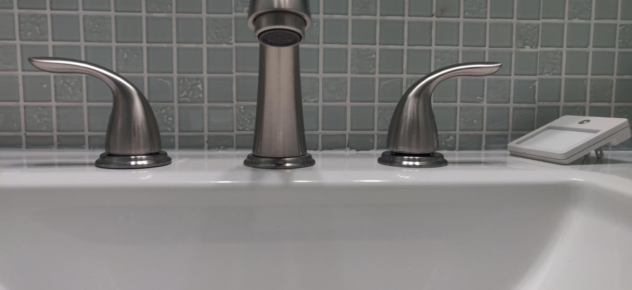 Phiestina 8 Inch 2 Handles 3 Holes Deck Mount Brushed Nickel Widespread Bathroom Faucet, with Stainless Steel Pop Up Drain, WF008-5-BN customer photo 2