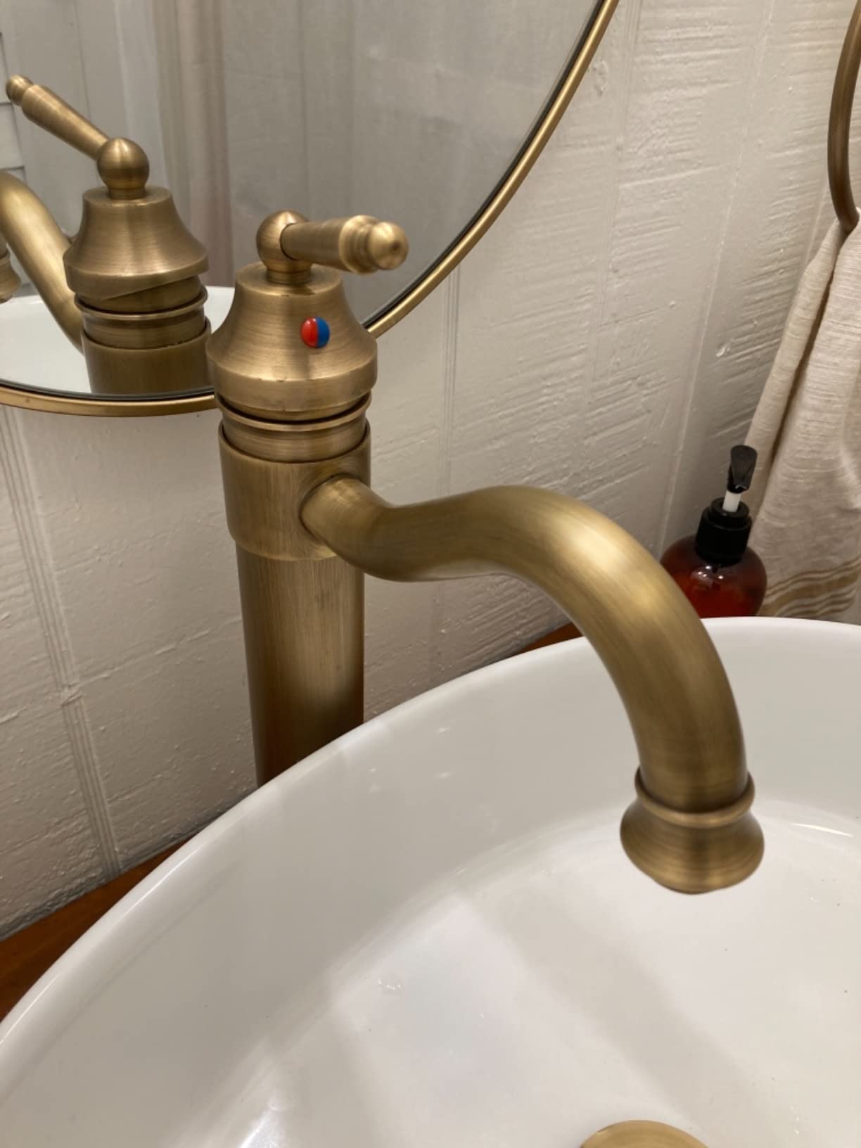 Tall Body Single Handle One Hole Bathroom Vessel Sink Faucets Antique Brass Finish with Pop Up Drian Without Overflow customer photo 1