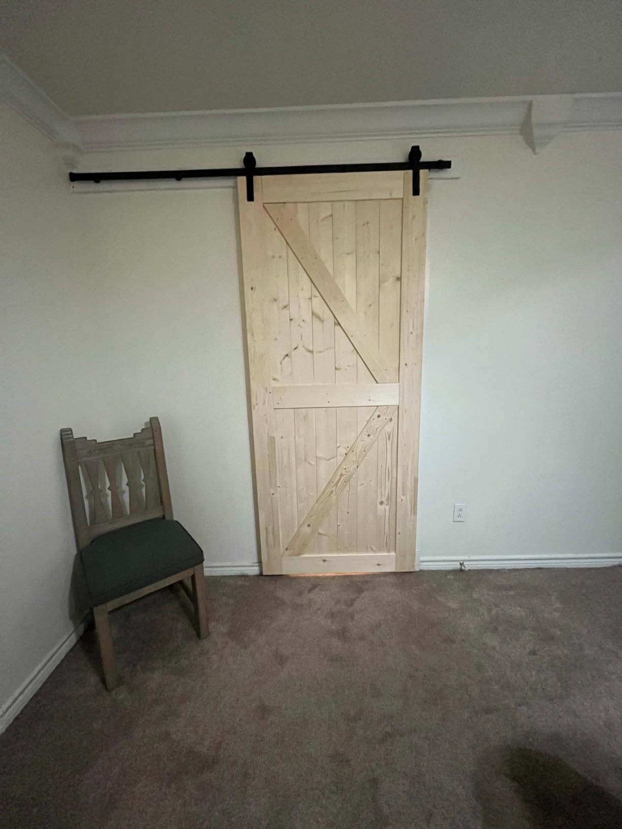 SmartStandard 36in x 84in Sliding Barn Wood Door Pre-Drilled Ready to Assemble, DIY Unfinished Solid Spruce Wood Panelled Slab, Interior Single Door Only, Natural, K-Frame (Fit 6FT-6.6FT Rail) customer photo 1