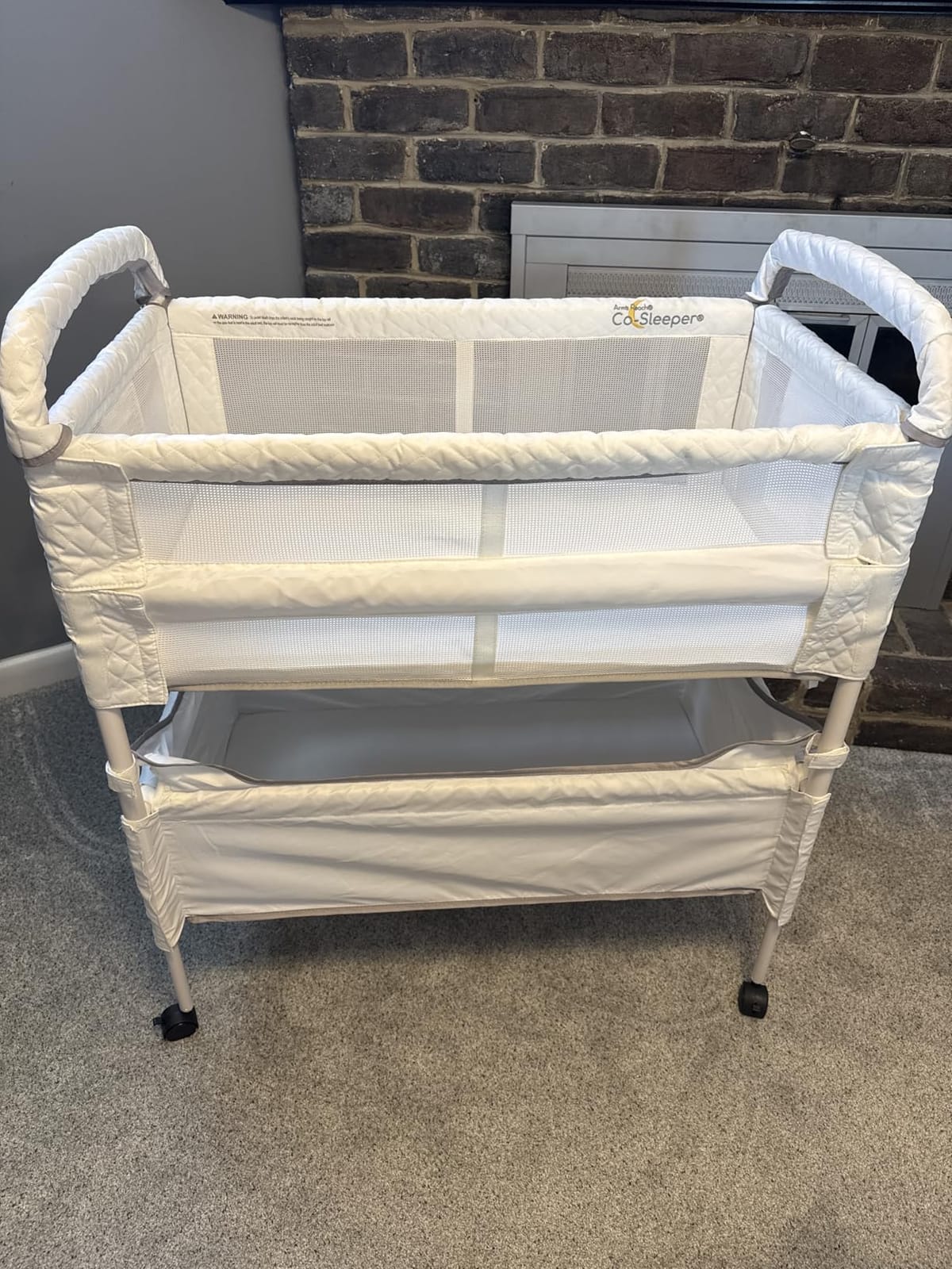 Arm’s Reach Clear-Vue Co-Sleeper Bedside Bassinet Featuring Clear Mesh Panels with Fold-Down Side, Large Attached Storage Basket, 4 Wheels, and Height-Adjustable Legs, White customer photo 2