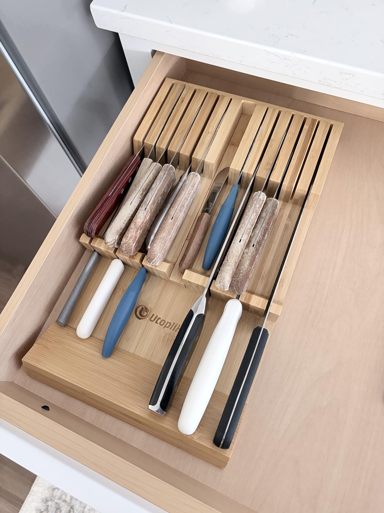 Utoplike In-drawer Knife Block Bamboo Kitchen Knives Drawer Organizer Large | Holder Storage for Steak, Paring, Bread Knives, Holds Up to 16 Knife & 1 Sharpening Steel (Knives & Sharpening Not Included) customer photo 1