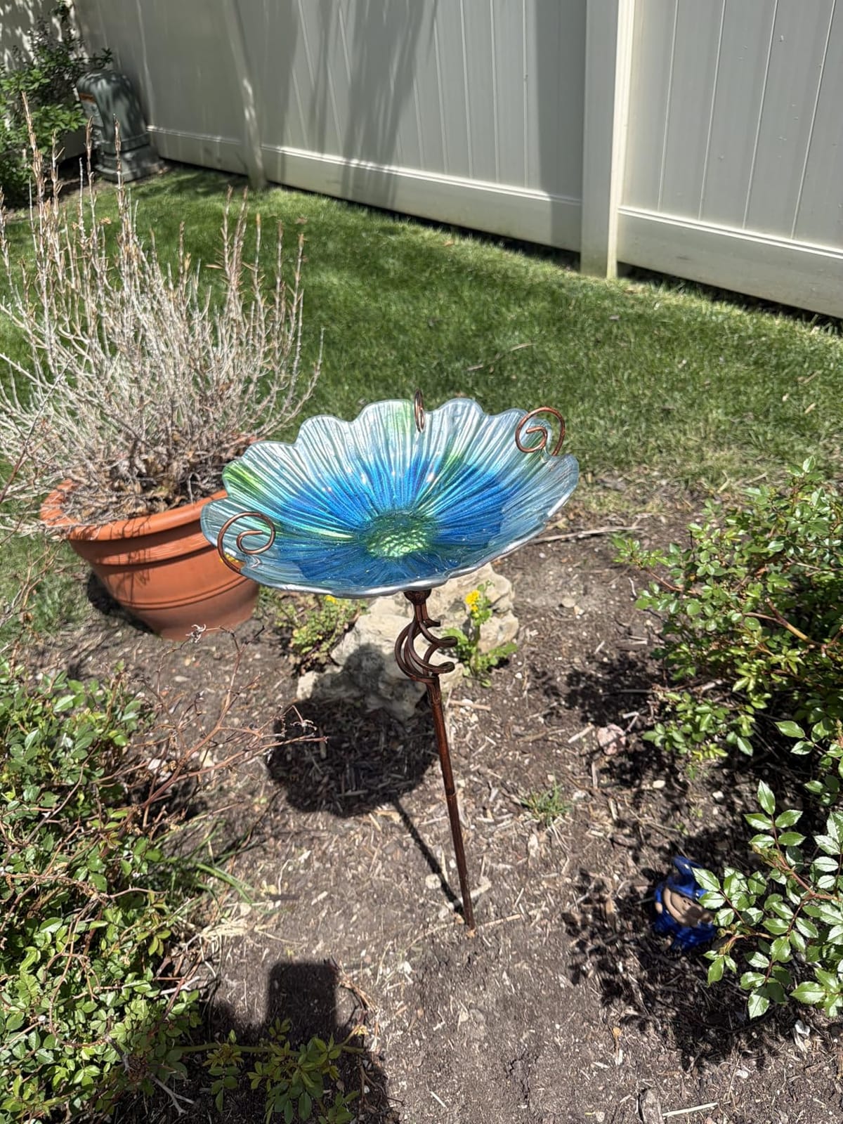 MUMTOP Glass Birdbath Birdfeeder with Metal Stake Garden Yard Outdoor Blue | 31inch height=