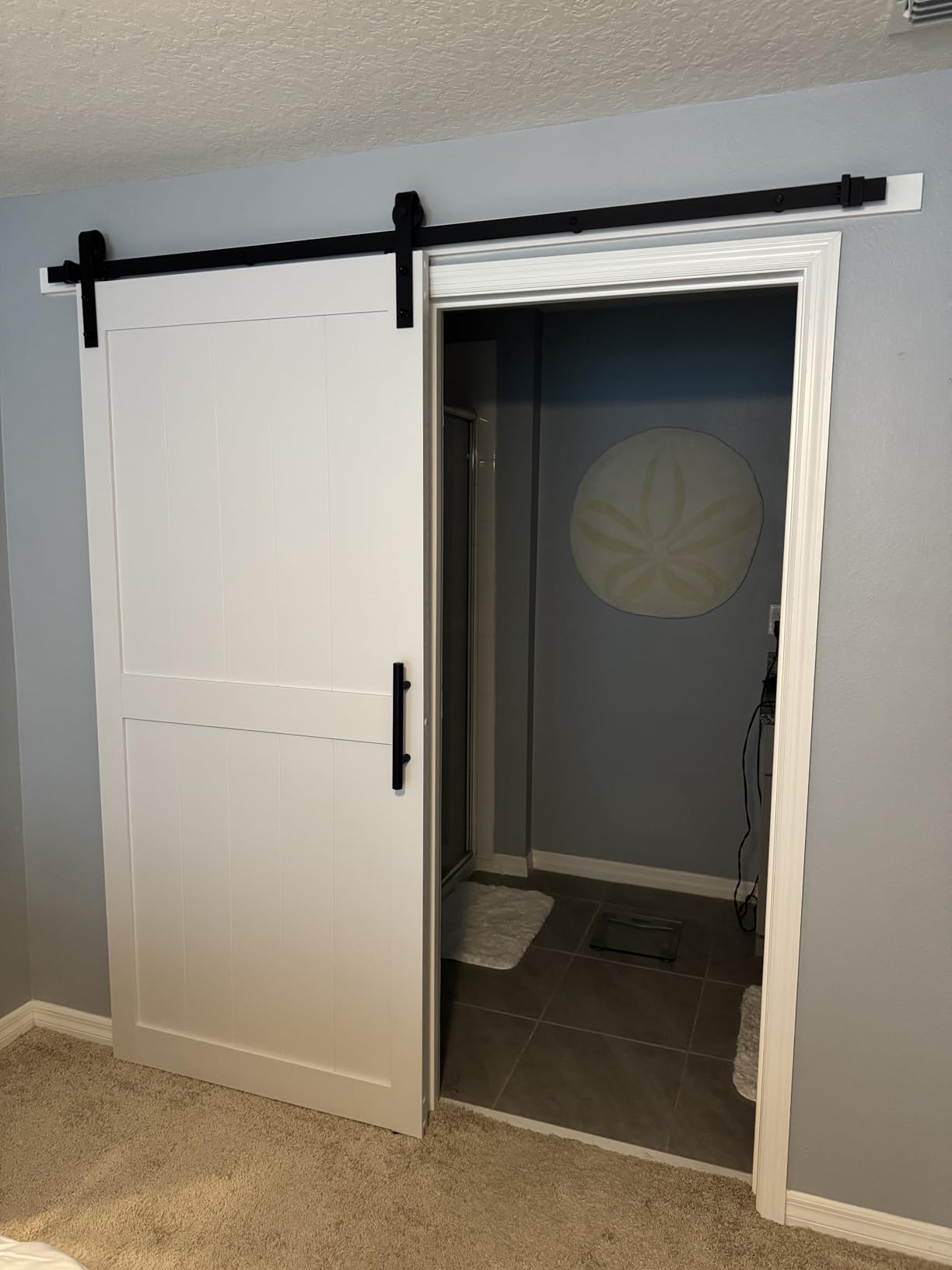 36 x84in MDF Sliding Barn Door with 6.6ft Barn Door Hardware Kit & Handle | White Solid Barn Door Slab Covered with Water-Proof PVC Surface, Pre-Drilled Holes Easy Assembly, H-Frame customer photo 1