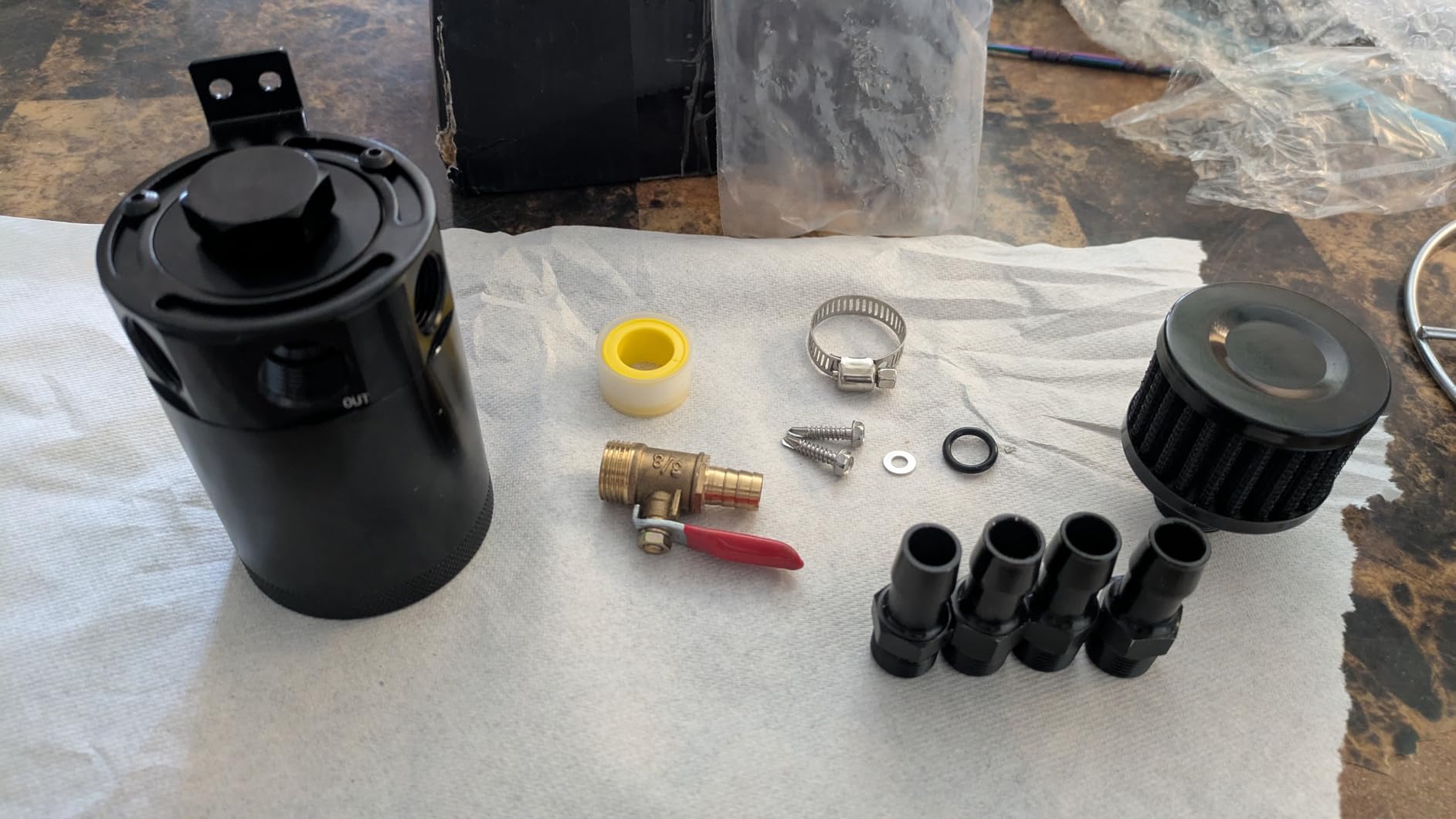 Universal 150ml Car Oil Catch Can Kit Reservoir Tank, Compact Baffled 3-Port Oil Separator 2 Inlets 1 Outlet Black with Breather Filter + Drain Valve HTRACING customer photo 1