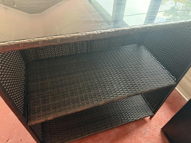 Yaheetech 3pcs Outdoor Bar Set, Patio Wicker Bar Furniture with 2 Storage Shelves, Glass Top Table, Cushions and Two Stools, Brown/Khaki | with 2 Storage Shelves, Glass Top Table, Cushions and Two Stools customer photo 1