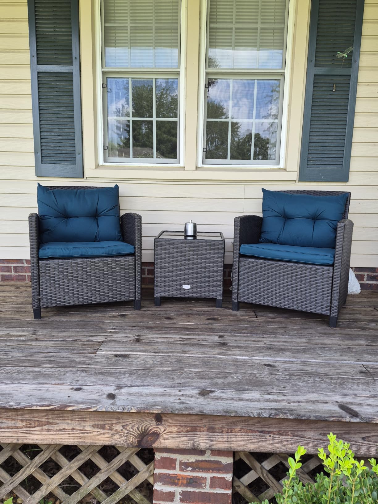 Tangkula 3 Pieces Patio Furniture Set, PE Rattan Wicker 3 Pcs Outdoor Sofa Set w/Washable Cushion and Tempered Glass Tabletop, Conversation Furniture for Garden Poolside Balcony (Blue) customer photo 1