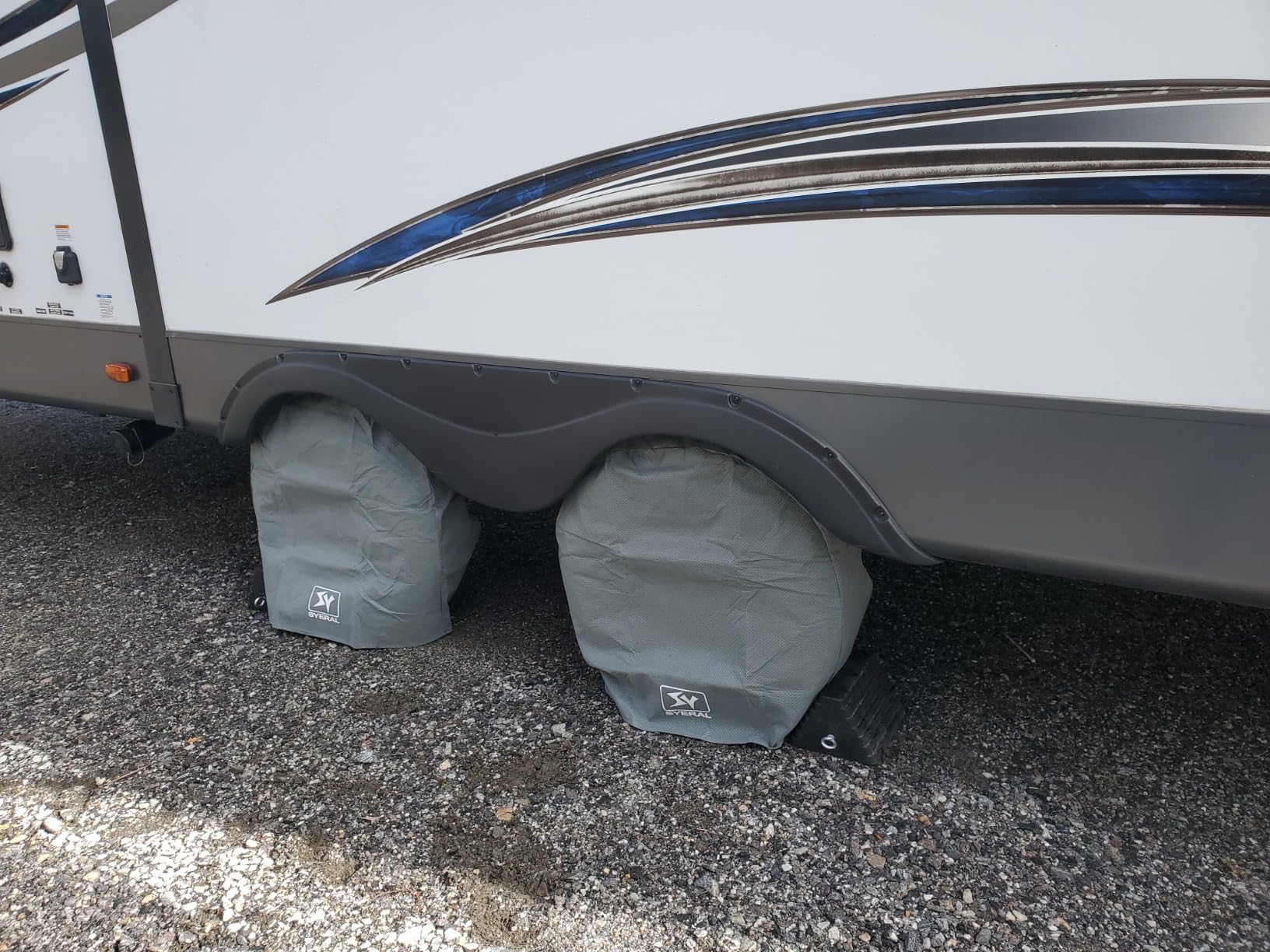 SYERAL Tire Covers Set of 4,Upgraded 5 Layer Nonwoven RV Wheel Covers, Waterproof Anti-UV Snow Sun Rain Tire Protectors Covers for Trailer,Camper,RV,Truck,SUV,27-29inch(M) Gray customer photo 1