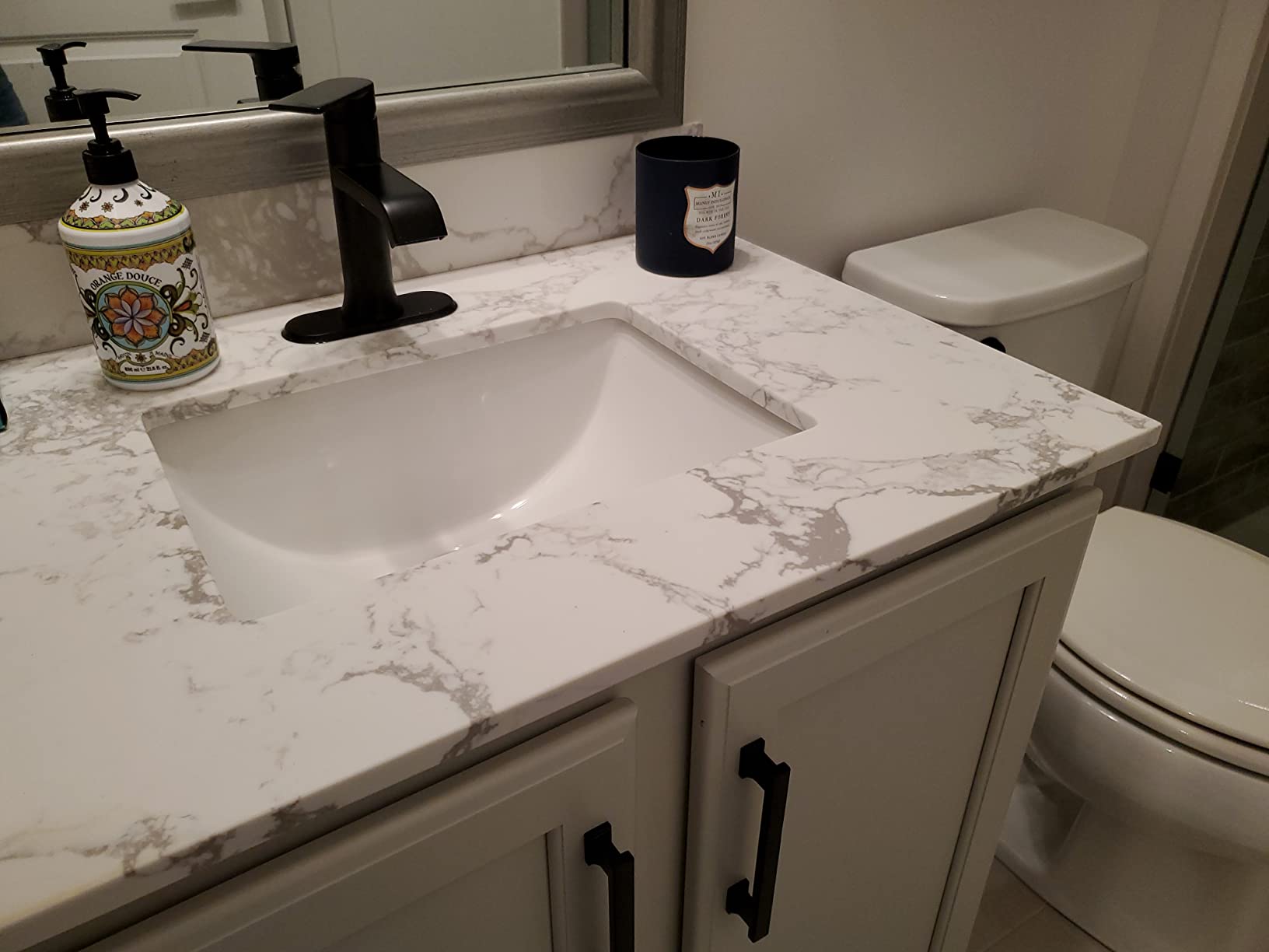 31 Inch Marble Vanity Top with Undermounted Rectangular Ceramic Sink & Backsplash, White Carrara Engineered Stone Countertop Vanity Sink Top for Bathroom 1 Pre-Drilled Hole customer photo 1