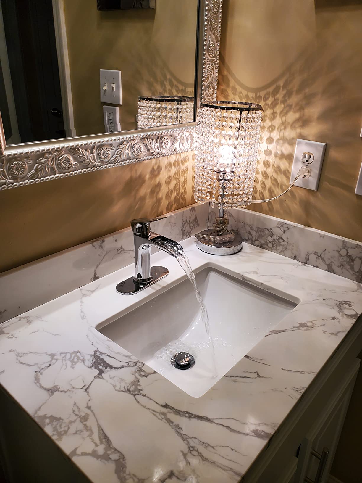 31 Inch Marble Vanity Top with Undermounted Rectangular Ceramic Sink & Backsplash, White Carrara Engineered Stone Countertop Vanity Sink Top for Bathroom 1 Pre-Drilled Hole customer photo 2