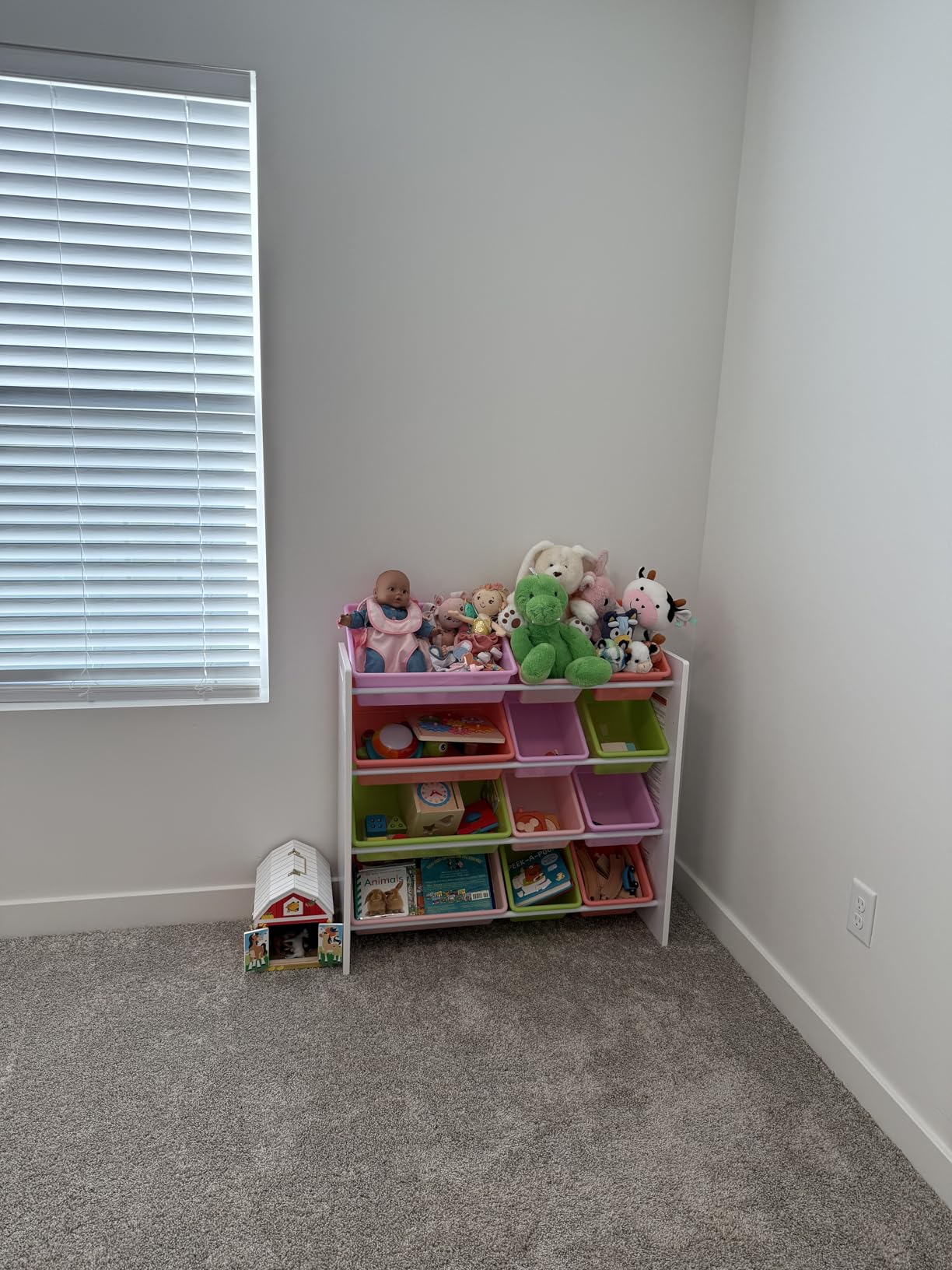Amazon Basics Kids Toy Storage Organizer With 12 Plastic Bins, Natural Wood, Multicolor, for Bedroom and Playroom, 33.85