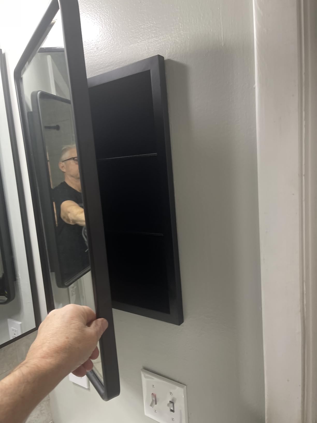 TEHOME Farmhouse Matt Black Recessed Bathroom Medicine Cabinet with Mirror Rounded Rectangle Metal Framed Medicine Cabinet with Beveled Mirror 20x30'' customer photo 1