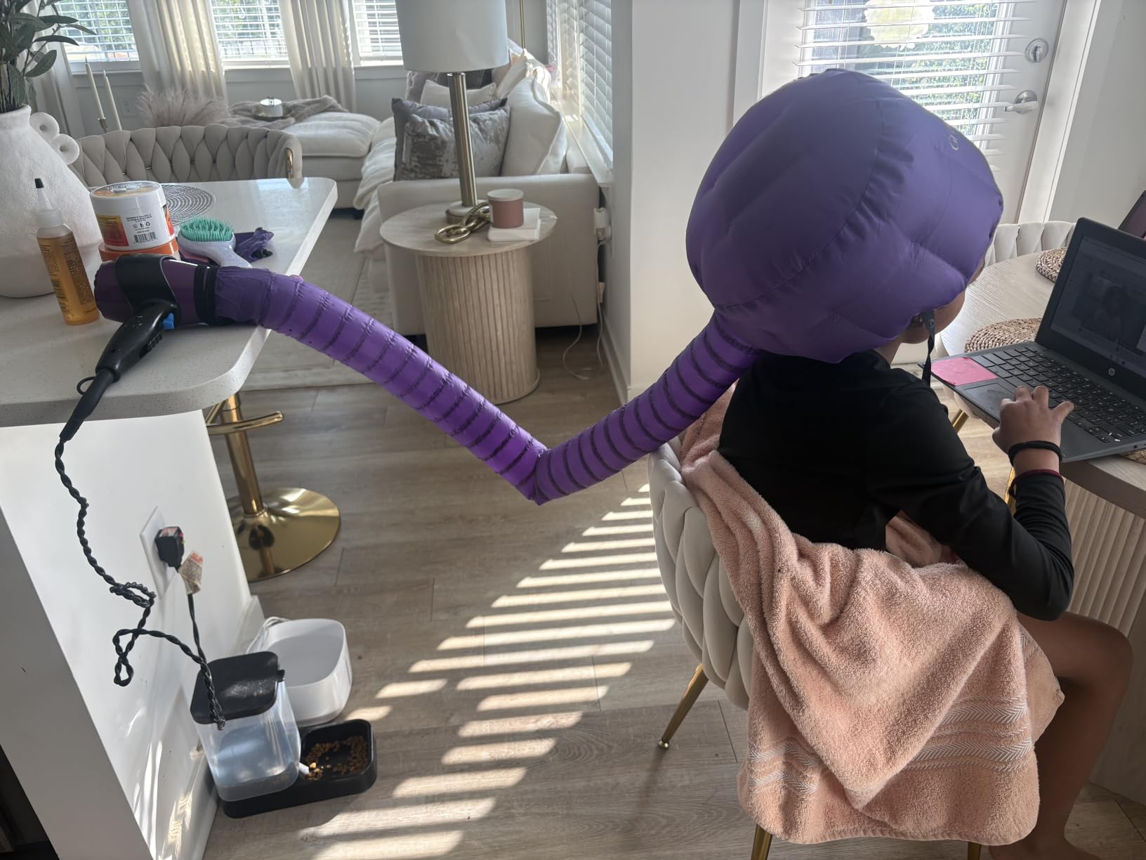 Bonnet Hair Dryer Attachment w/A Headband Integrated that Reduces Heat Around Ears & Neck - Diffuser Cap for Hair Dryer Curly Hair, Speeds Up Drying Time, Deep Conditioning at Home - Large (Purple) customer photo 2