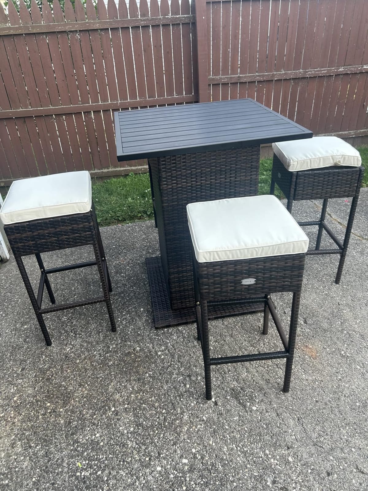 Tangkula 5 Piece Outdoor Rattan Bar Set, Patio Bar Furniture with 4 Cushions Stools and Smooth Top Table with Hidden Storage Shelf, Outdoor Conversation Set for Poolside, Backyard, Lawn (Navy Blue) customer photo 1