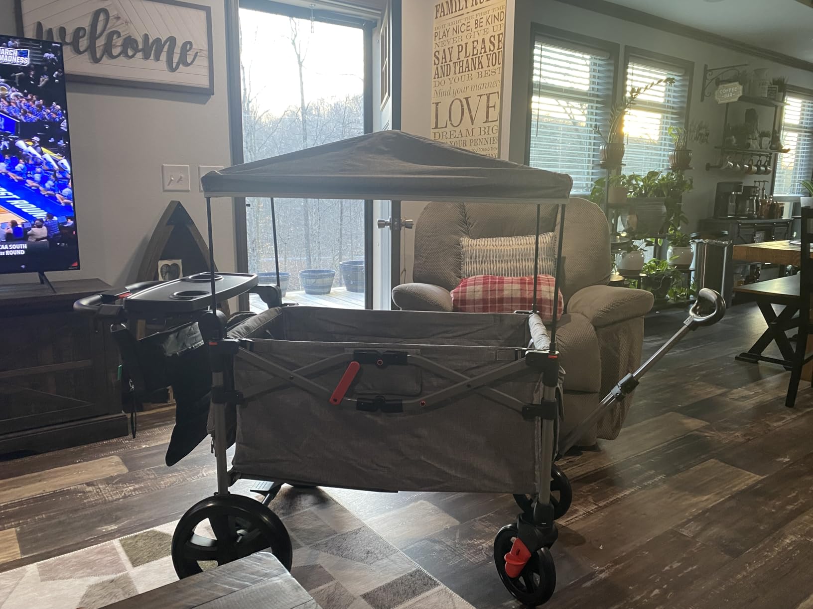 EVER ADVANCED Foldable Wagons for Two Kids & Cargo, Collapsible Folding Wagon Stroller with Adjustable Handle Bar,Removable Canopy with 5-Point Harness,Black customer photo 2