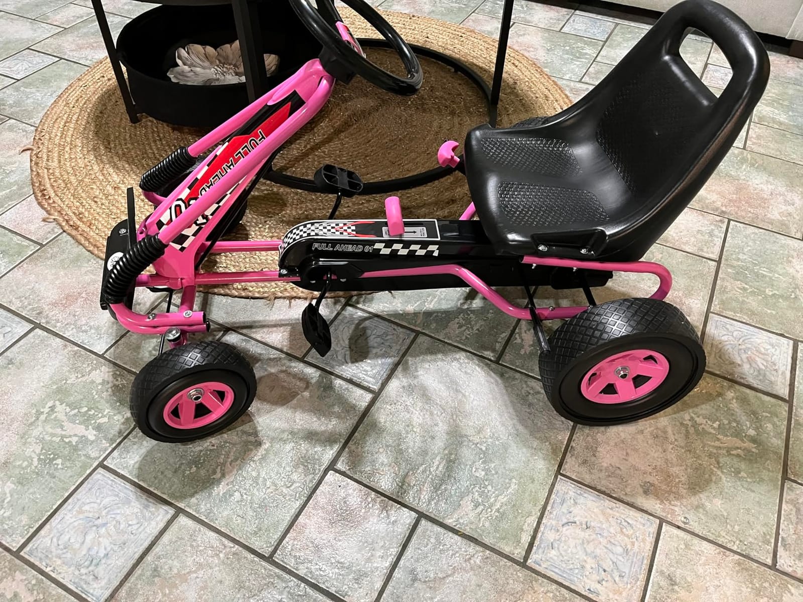 HONEY JOY Go Kart for Kids, 4 Wheel Quad Off-Road Pedal On Foot Go Cart w/Steering Wheels & Adjustable Seat, 2 Safety Brakes, EVA Rubber Tires, Clutch, Outdoor Racer Ride On Pedal Car (Pink) customer photo 1
