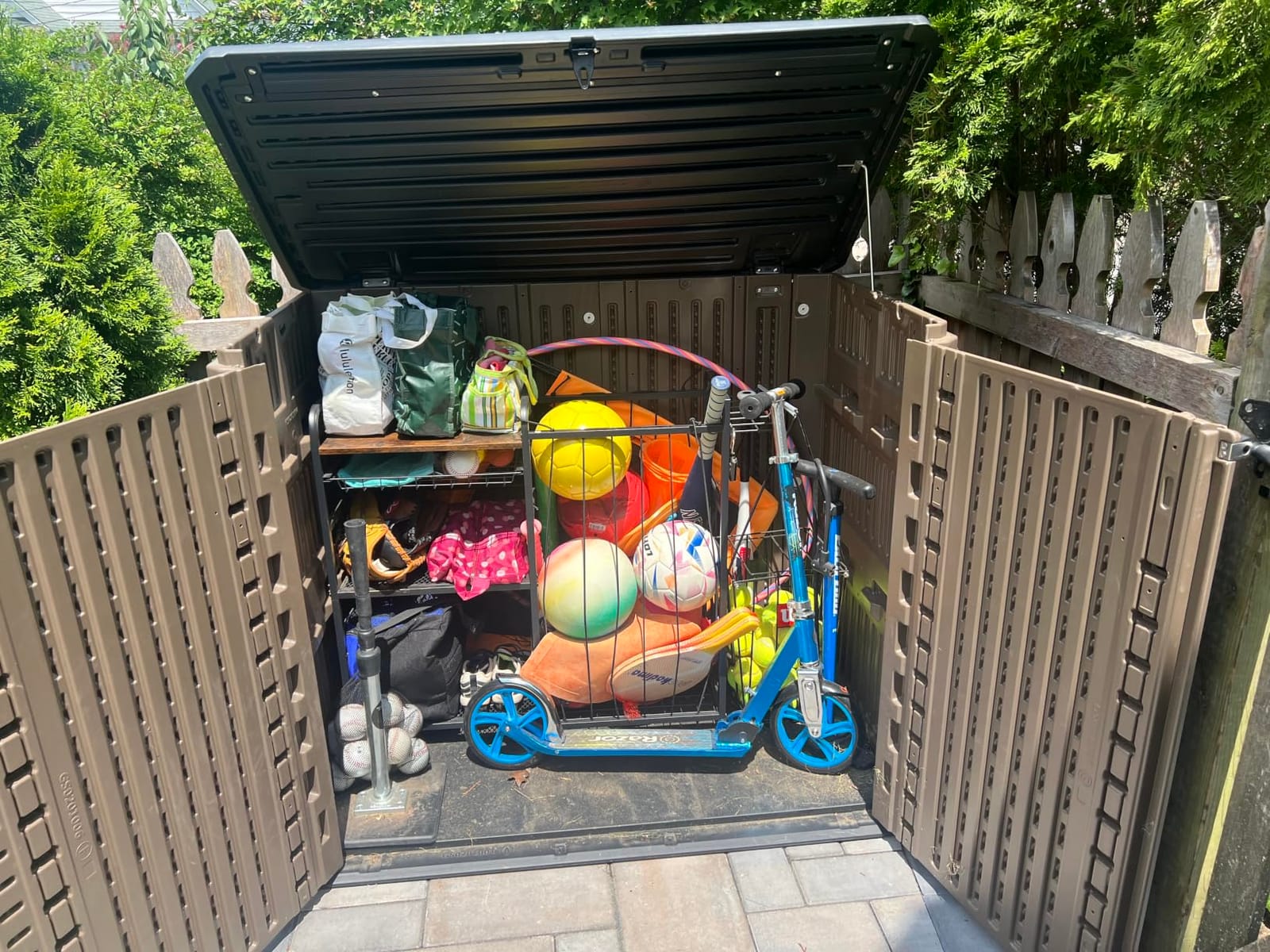 HOMSPARK Storage Shed Weather Resistance, Multi-Purpose Outdoor Storage Cabinet Waterproof, Outdoor Storage Cabinet for Garbage Cans, Lawnmower, Garden Accessories (Coffee, Tall shed-53 cu ft) customer photo 1