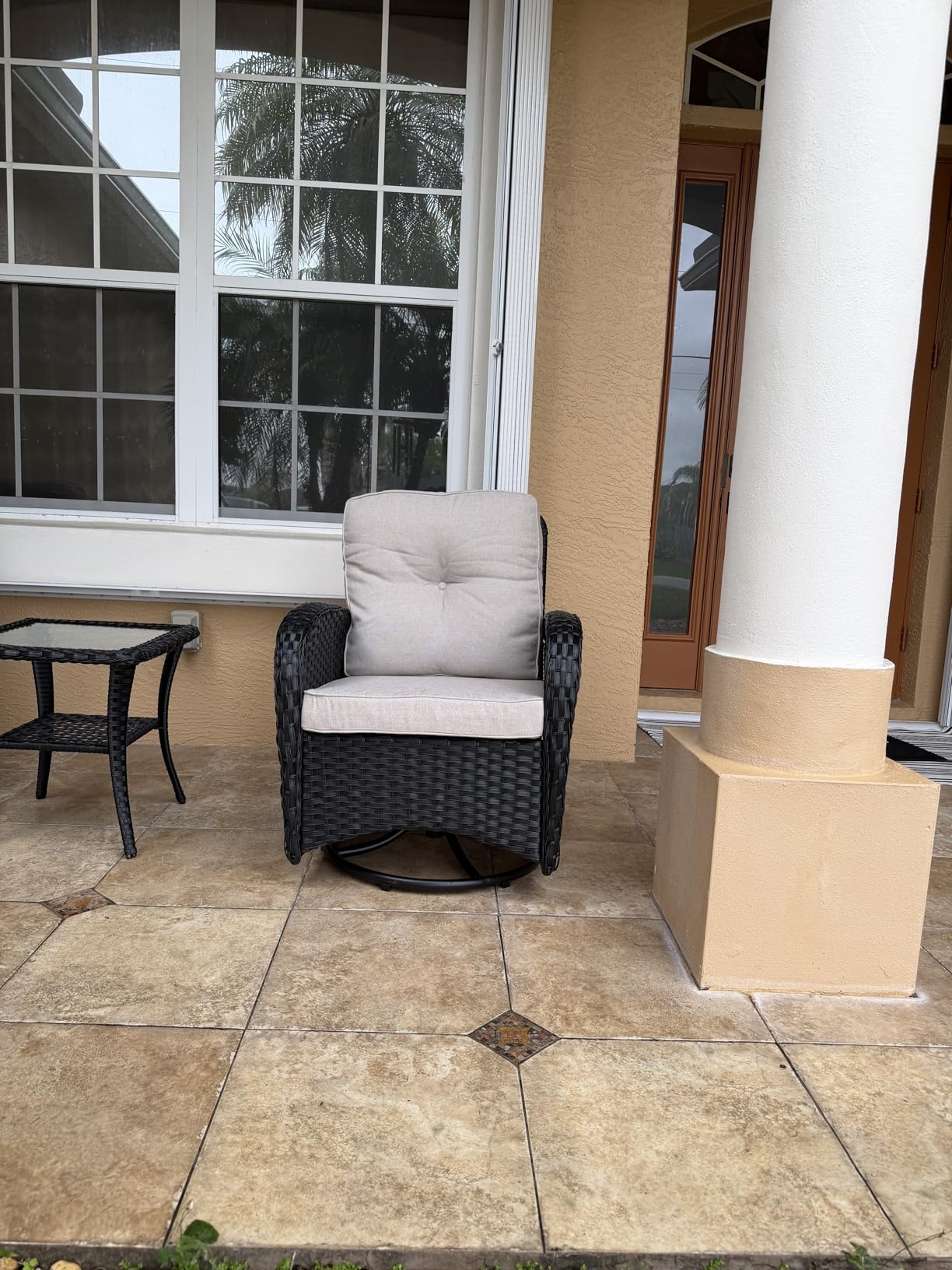 Belord Patio Wicker Chairs Swivel Rocker - Outdoor Swivel Rocking Chairs Set of 2 with Rattan Side Table, Patio Swivel Glider Chair 3 Piece Patio Furniture Sets for Deck Porch Pool Brown/Blue customer photo 1