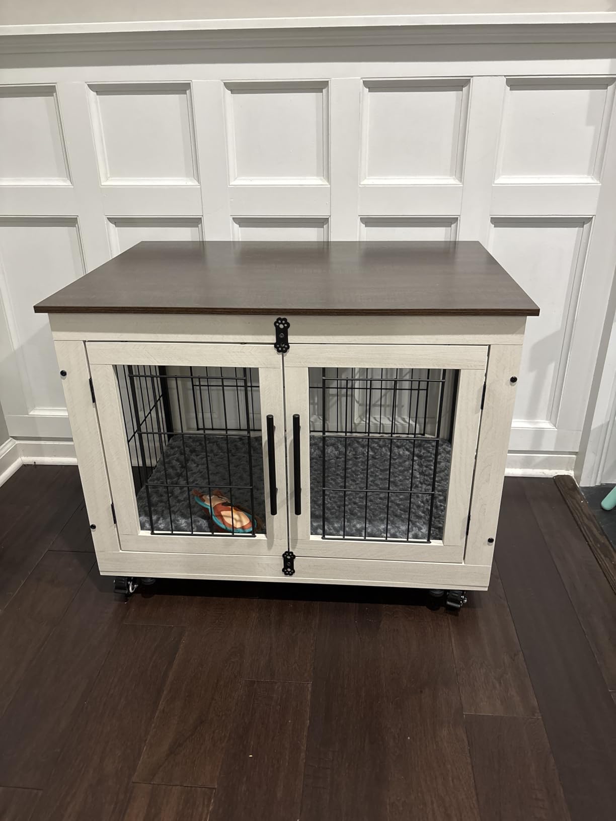 YaFiti Dog Crate Furniture, 32.5” Wooden Indoor Dog Kennel, Rustic Brown | Cushion, Wheels, Double Doors, Furniture Style, Side End Table, Decorative Pet Cage House, Up to 45 lb, for Small/Medium Dogs customer photo 2