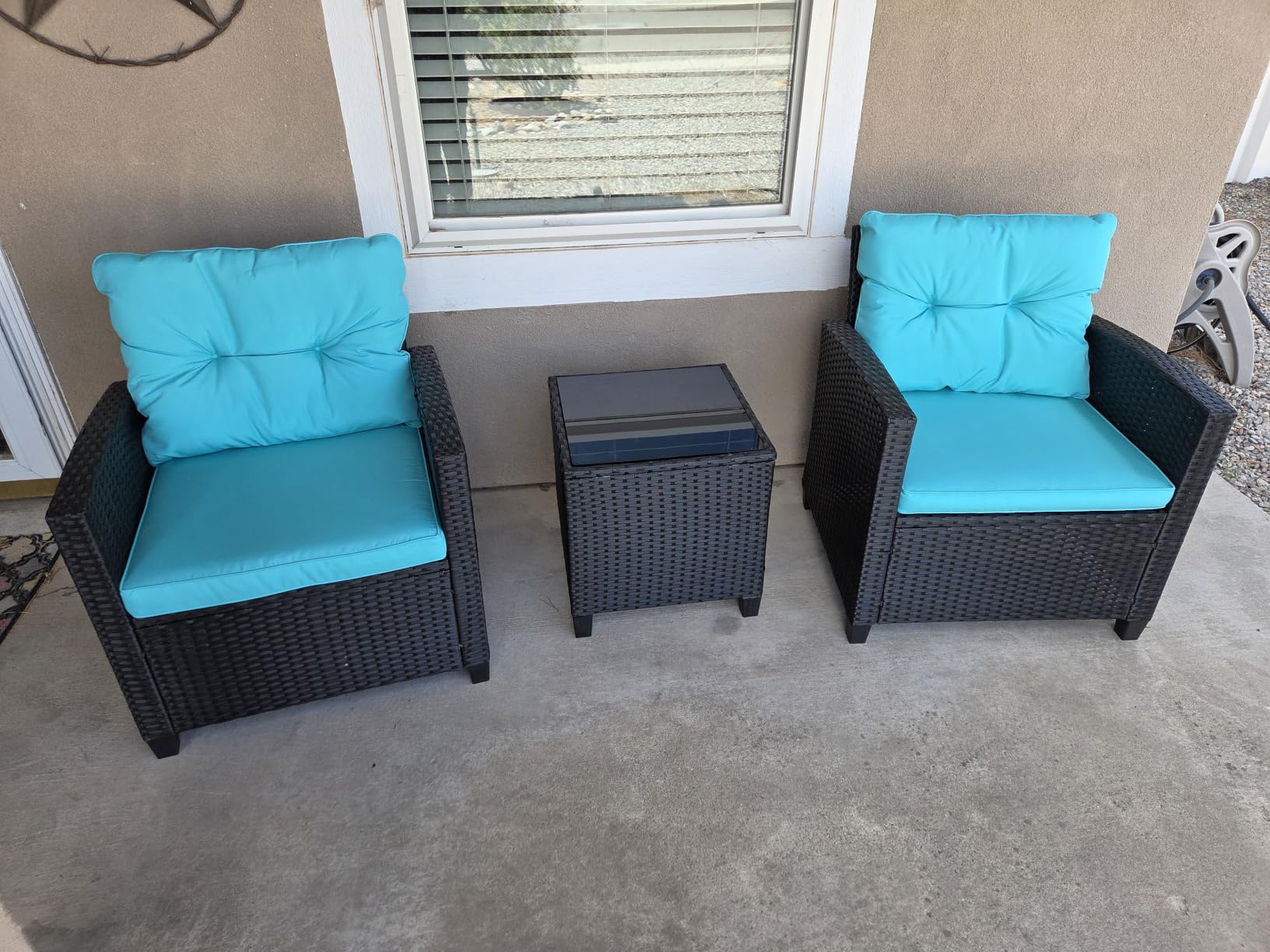 Tangkula 3 Piece Patio Furniture Set, Rattan Conversation Set w/Soft Seat & Back Cushions, Tempered Glass Topped Coffee Table, Cushioned Wicker Seating Set for Backyard, Porch, Poolside (Black) customer photo 1