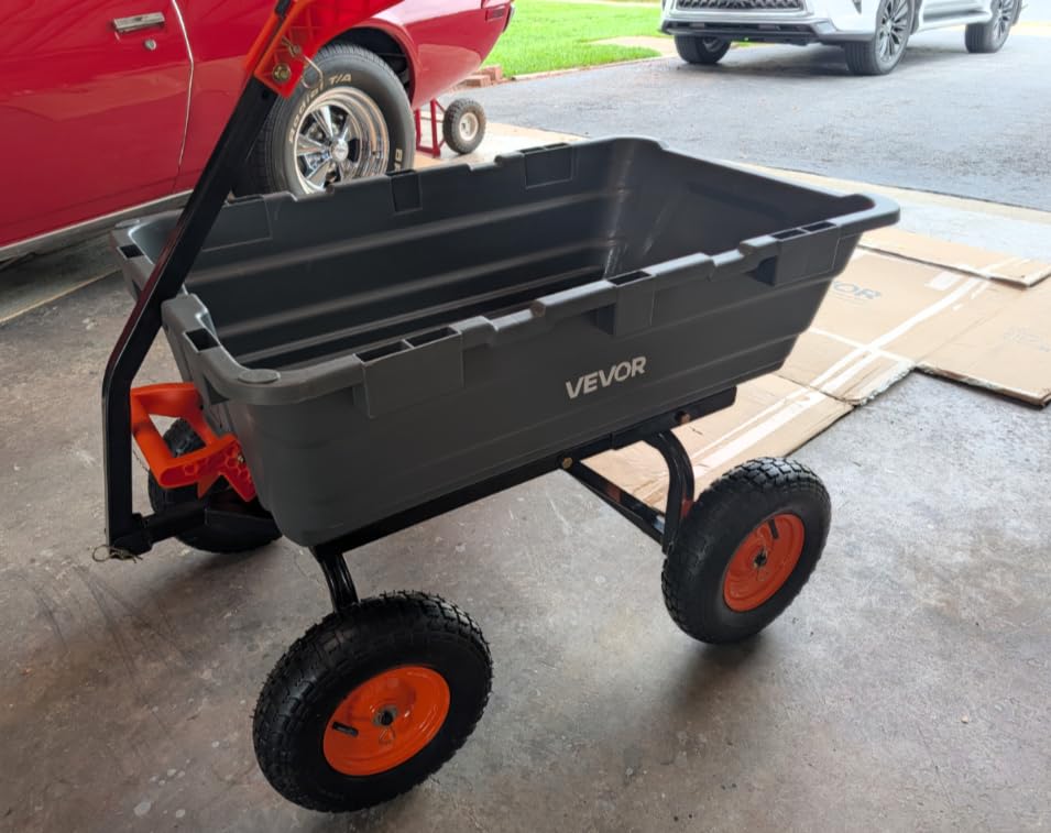 VEVOR 1500lbs Poly Garden Dump Cart Wheelbarrow Wagon with 2 in 1 Convertible Handle, Heavy Duty Yard Cart Wagon for with 13in All Terrain Wheels, Dump Trailer Tow Behind for Lawn Mower Tractor customer photo 2