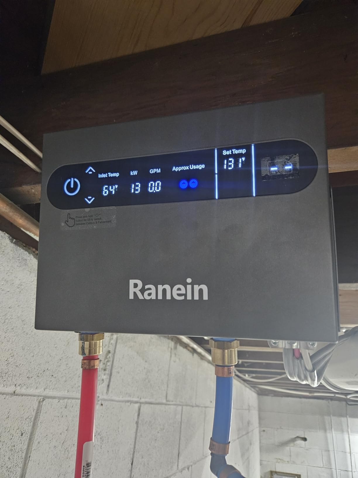 Ranein 13kW Tankless Electric Water Heater, Max 3.1 GPM, 240V, LED Display customer photo 1