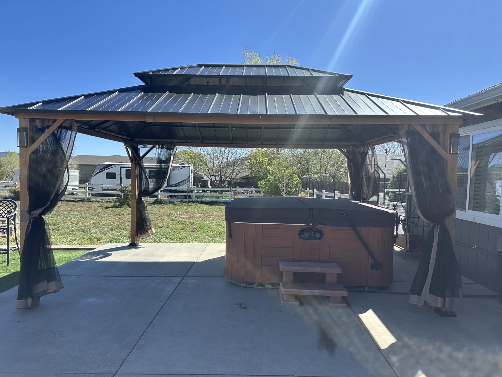 Modern Shade Hardtop Gazebo 12x12 with 4 LED Lights for Backyard Wood Grain customer photo 1