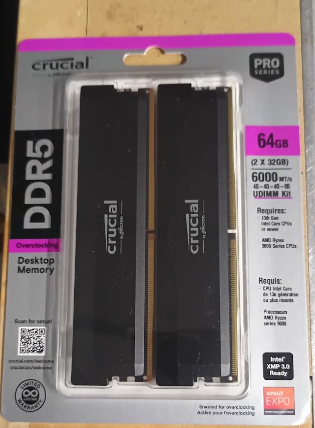 Crucial Pro DDR5 RAM 64GB Kit (2x32GB) 6000MHz CL40, Overclocking Desktop Gaming Memory, Intel XMP 3.0 & AMD Expo Compatible – Black CP2K32G60C40U5B customer photo 1