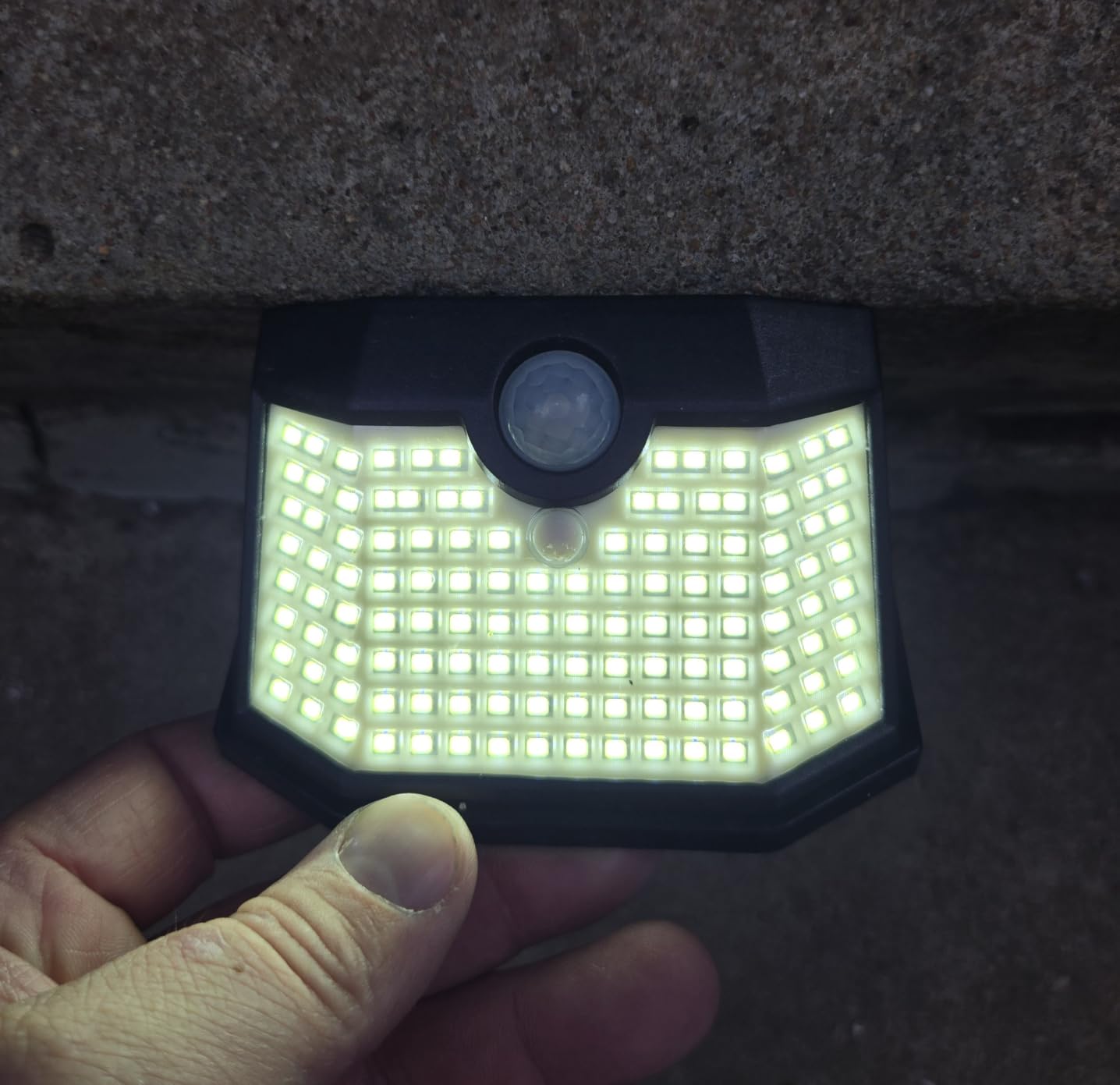 HMCITY 120 LED Outdoor Solar Lights with Motion Sensor and 3 Lighting Modes, IP65 Waterproof Wide Solar Wall Lights Ideal for Garden Patio Yard (Front Button 6Packs, Black Shell-Daylight White) customer photo 2