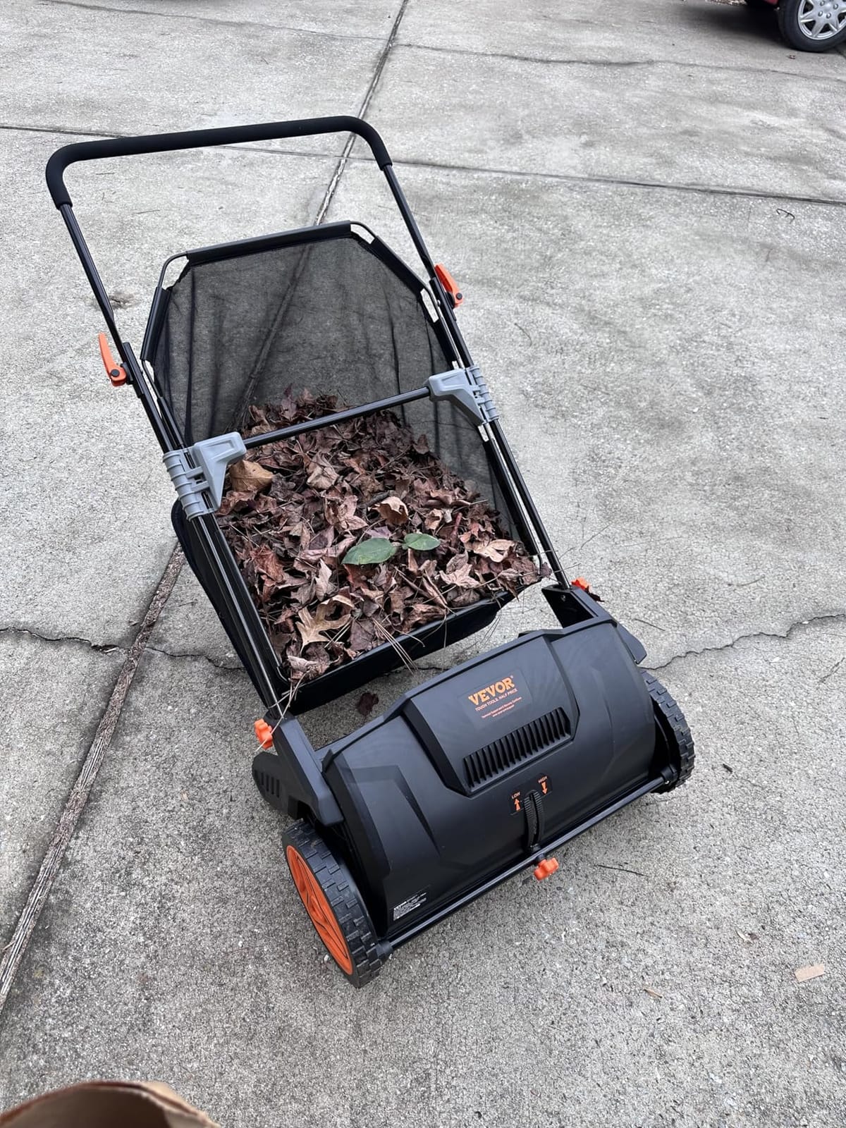 Push Lawn Sweeper,21inch Leaf & Grass Collector,Strong Rubber Wheels & Heavy Duty Thickened Steel Durable to Use with Large Capacity 3.5 cu. ft. Mesh Collection Hopper Bag,2 Spinning Brushes customer photo 1