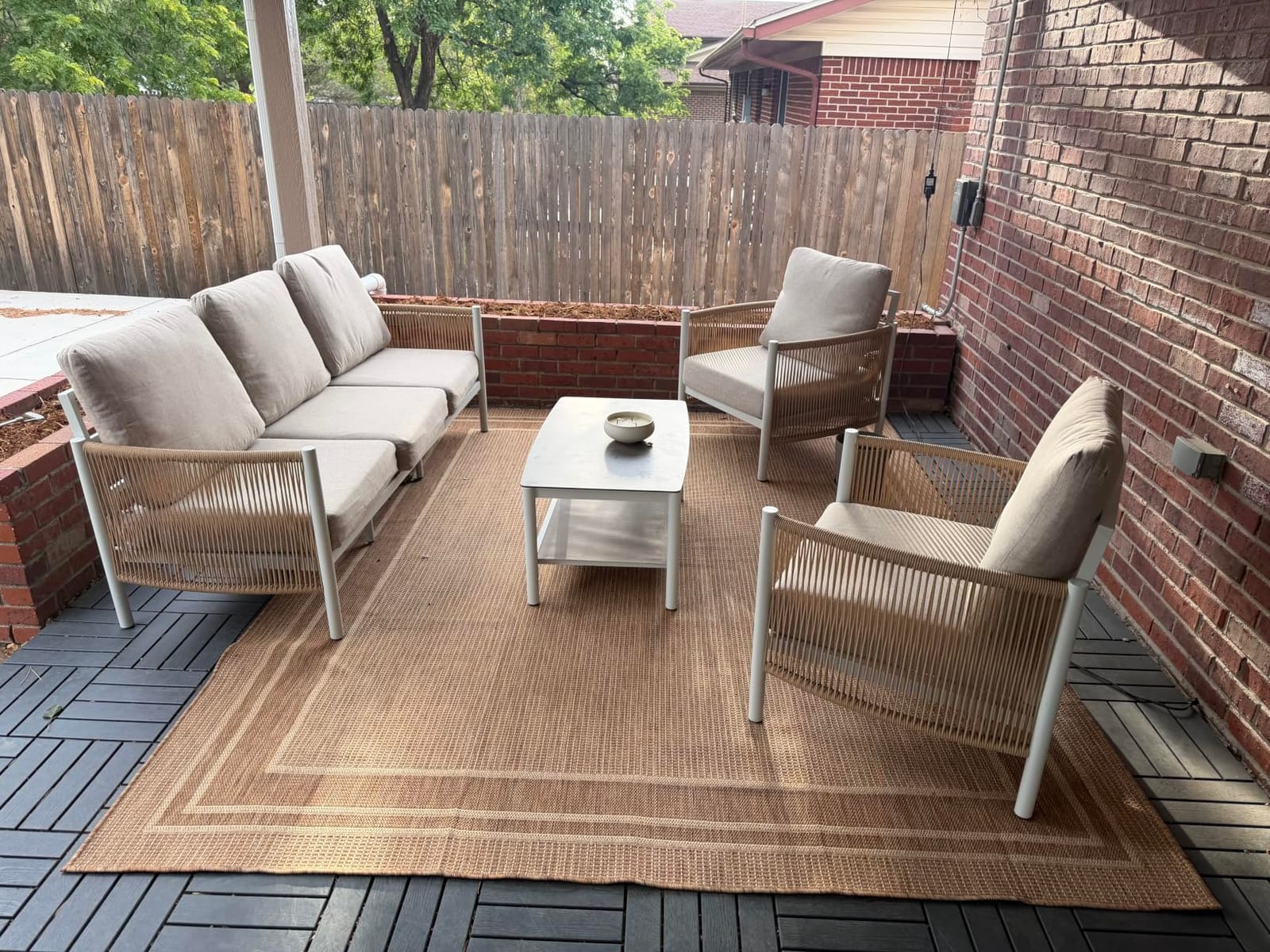 Aluminum Outdoor Patio Furniture Set with Dual-Layer Coffee Table, 4 Piece Modern Patio Conversation Sets with PE Rope, Outdoor Sectional Sofa with Thick Cushions for Balcony, Porch, Gray customer photo 1