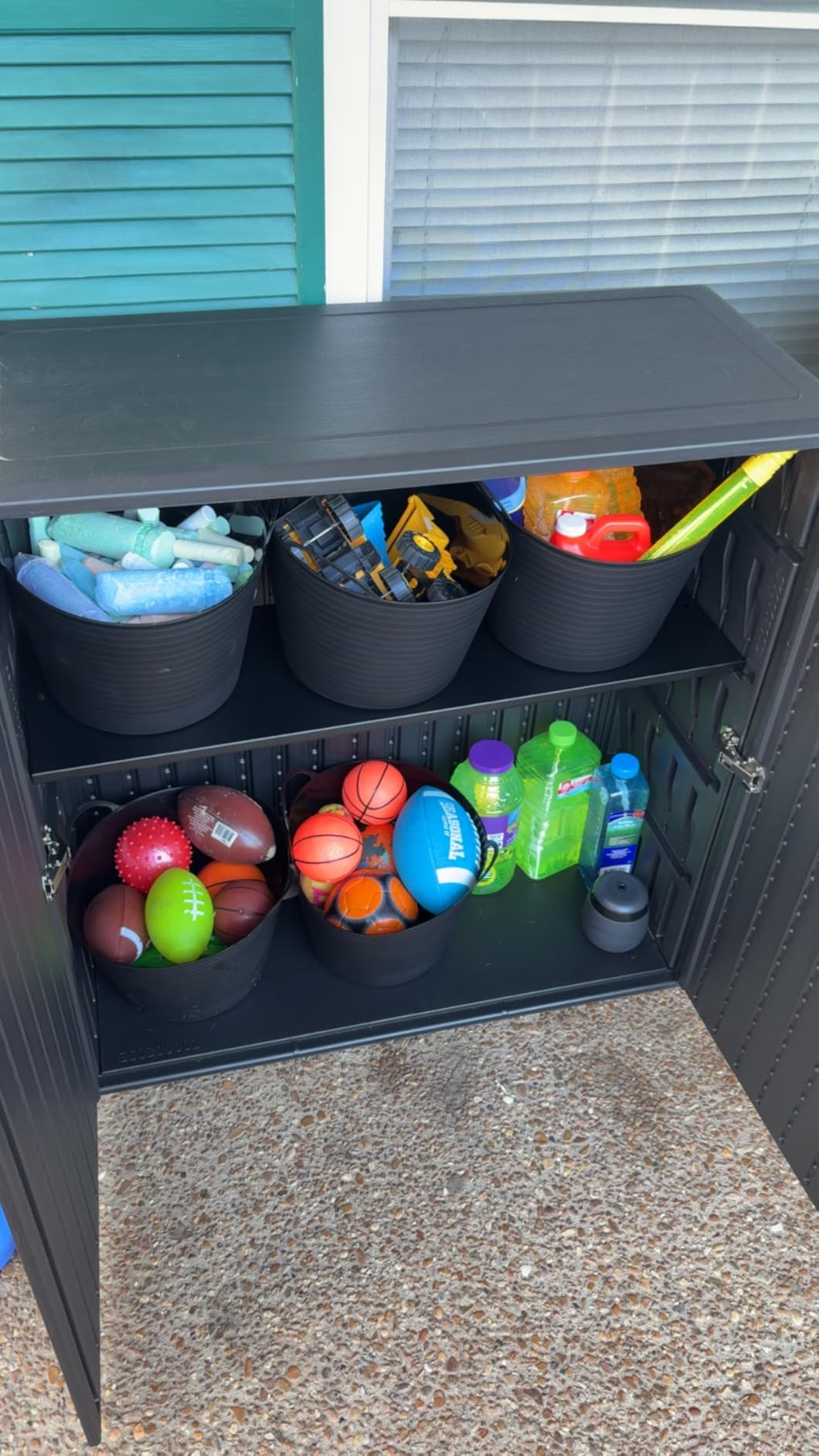 Mrosaa Outdoor Storage Cabinet Waterproof with Shelf,Resin Storage Sheds Outdoor Cabinets for tub Towels/Chemicals/Grill Items/Patio/Garden/Backyard, Size 34.3''L*15''W*36.2''H(Black) customer photo 2