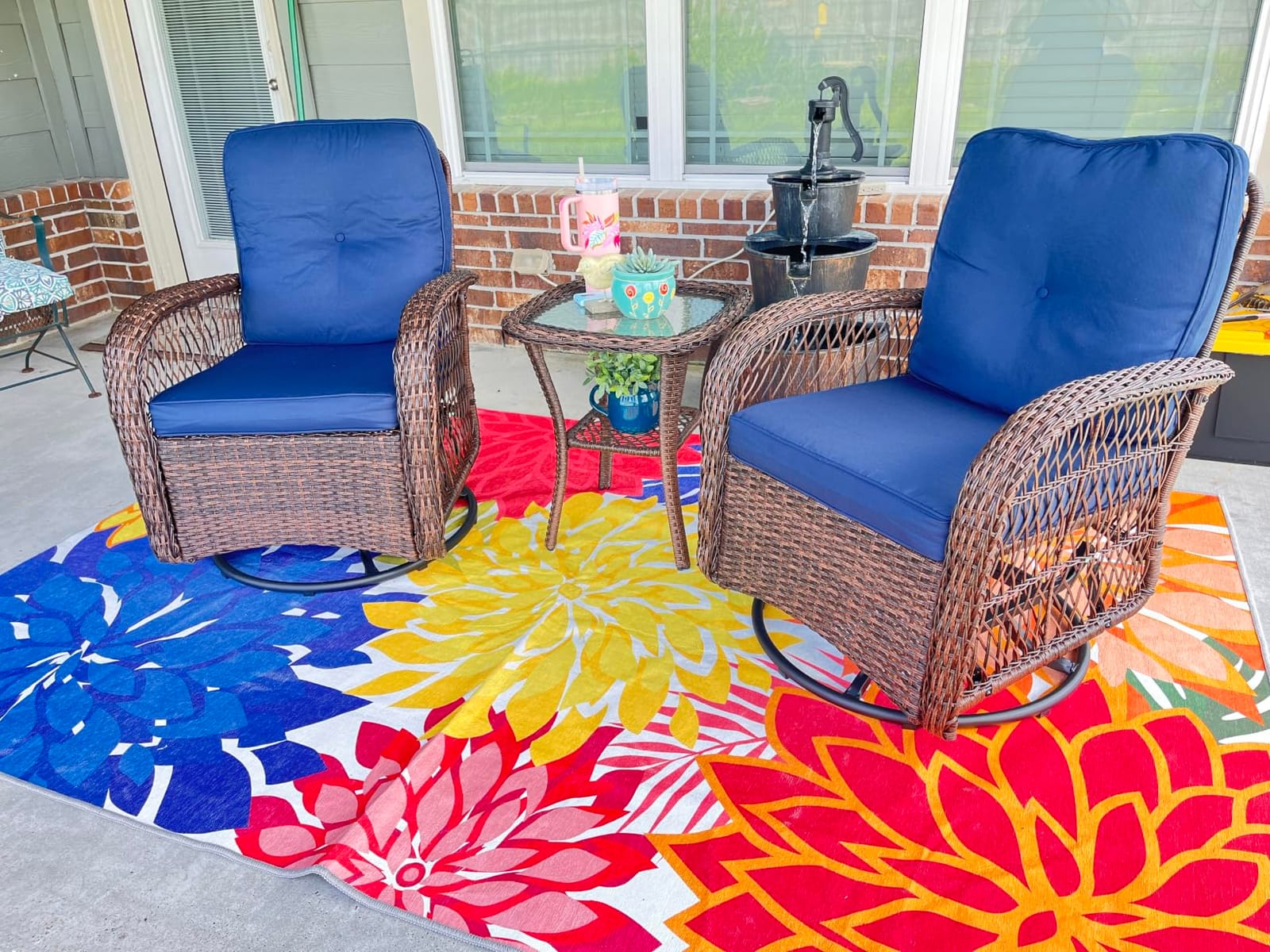 Aoxun 3 Pieces Patio Furniture Set, Patio Swivel Rocker Chairs Set of 2, Wicker Outdoor Bistro Set with Rocking Chair, Thickened Cushions and Table for Porch (Blue) customer photo 1