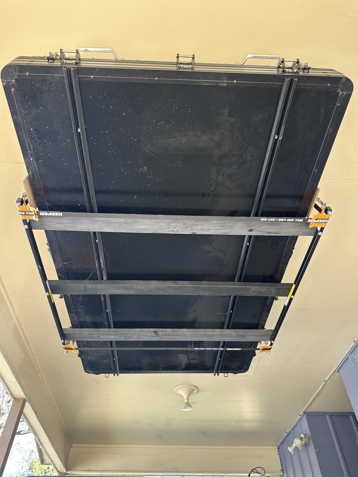 FLEXIMOUNTS Overhead Garage Storage Rack Lift, 4x4 Ft Heavy-Duty Garage Ceiling Storage Racks, Adjustable Organization System With 71'' L Axle, 350lbs Load Capacity, Flat Black customer photo 1
