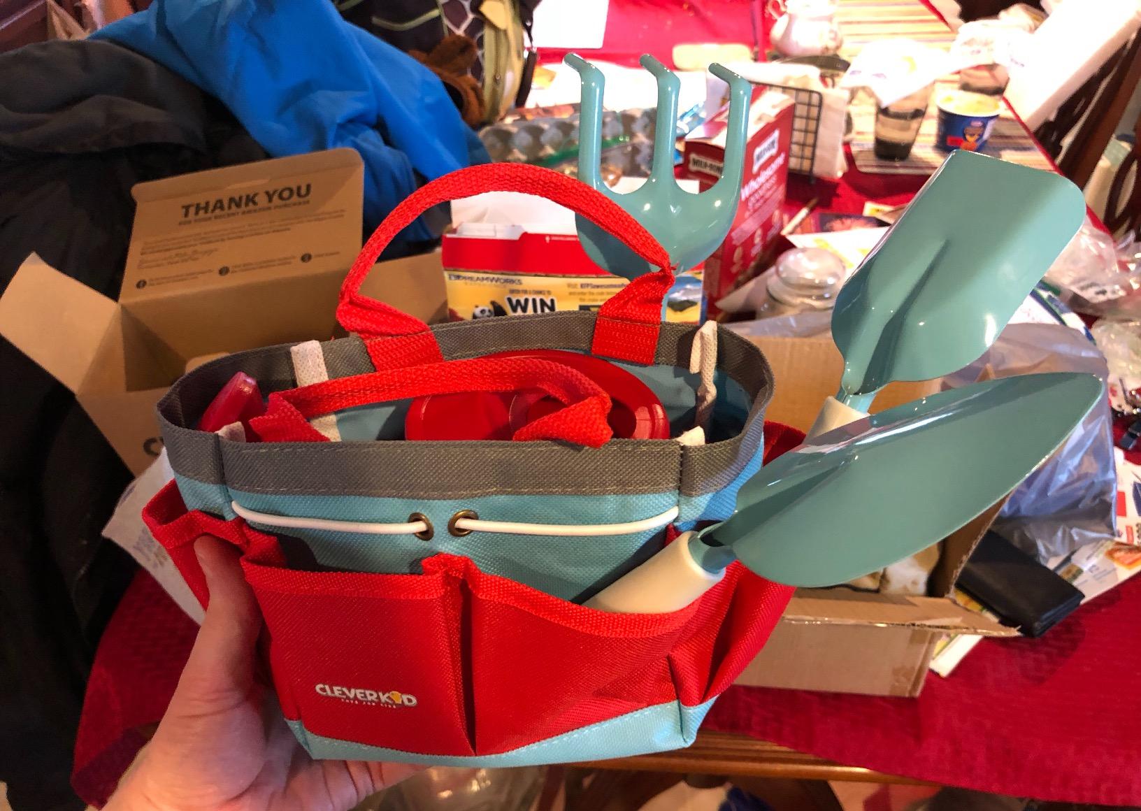 Kids Gardening Set – Toddler Gardening Kit Includes Watering Can for Kids, Shovel, Rake, Plant Stakes, Kids Gardening Gloves, Tote Bag & STEM Learning Gardening Guide Book - Garden Tool Set RED customer photo 1