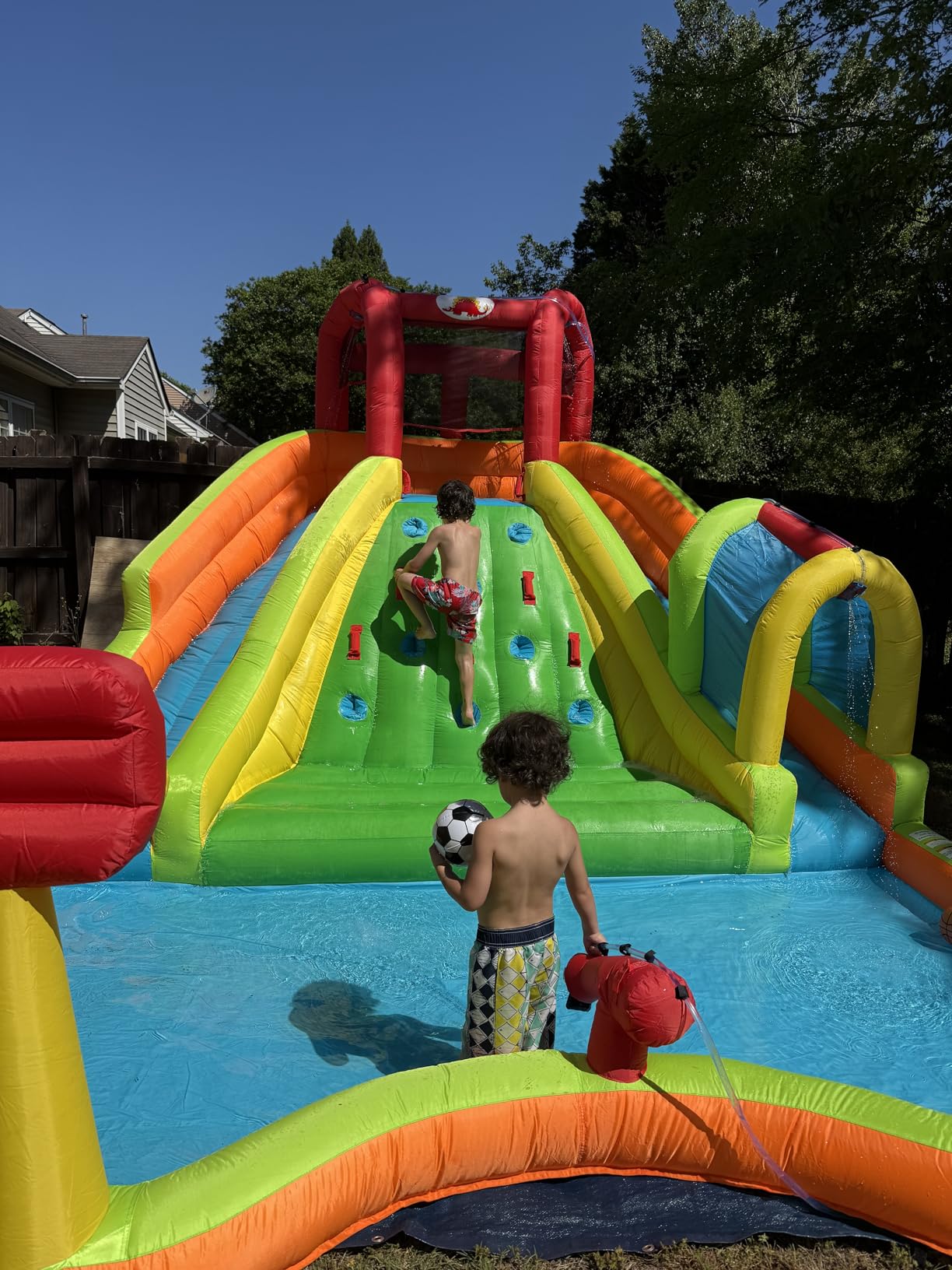 WELLFUNTIME Inflatable Water Double Slides Park, Bounce House with Arched Water Gun Spray, Jumping Castle with Air Blower customer photo 1