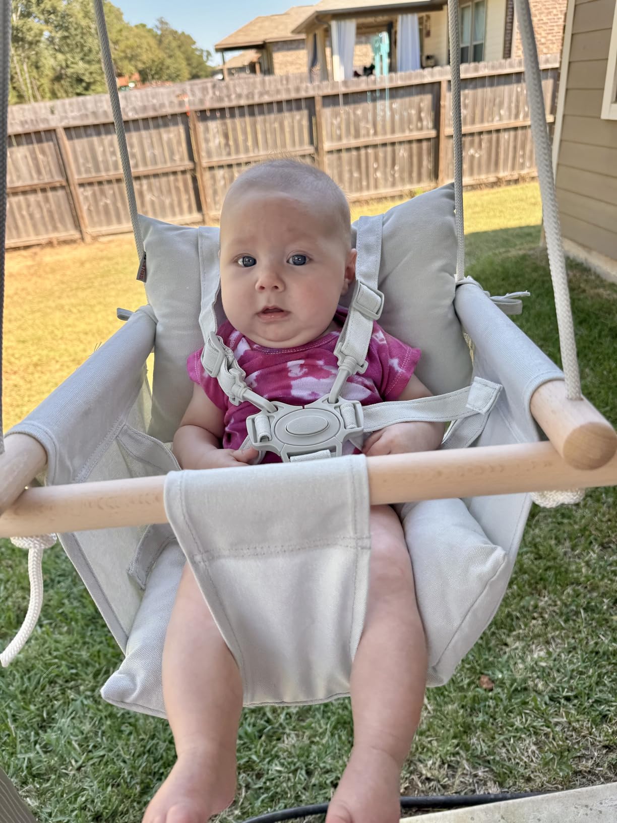 CaTeam Canvas Baby Swing Seat with 5-Point Safety Belt — Wooden Hanging Toddler Swing, Indoor & Outdoor, Ages 1-4, Ceiling Mount Hardware Included, Taupe Gray customer photo 1